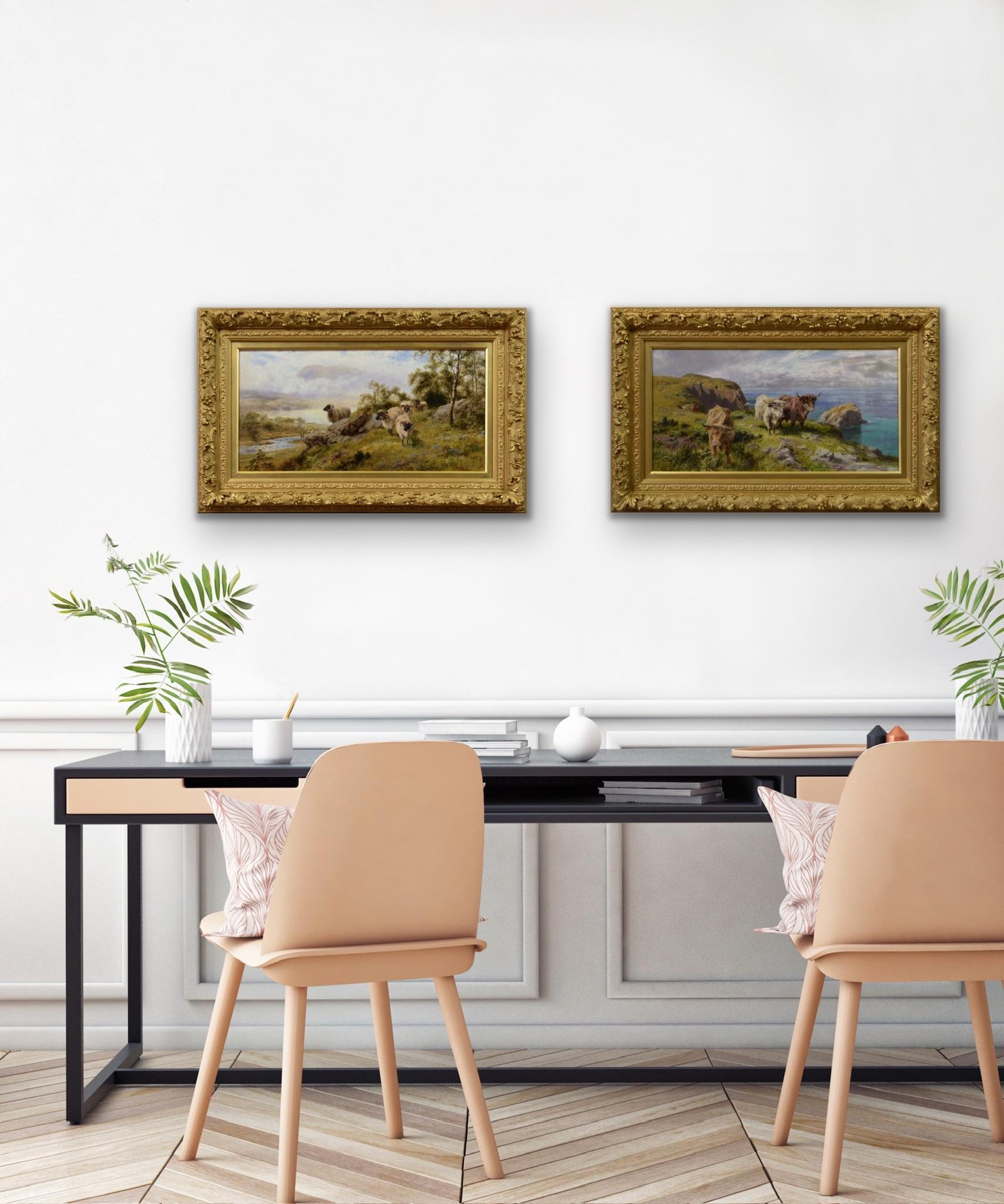 Paire de peintures à l'huile écossaises du 19e siècle représentant des moutons et du bétail 12