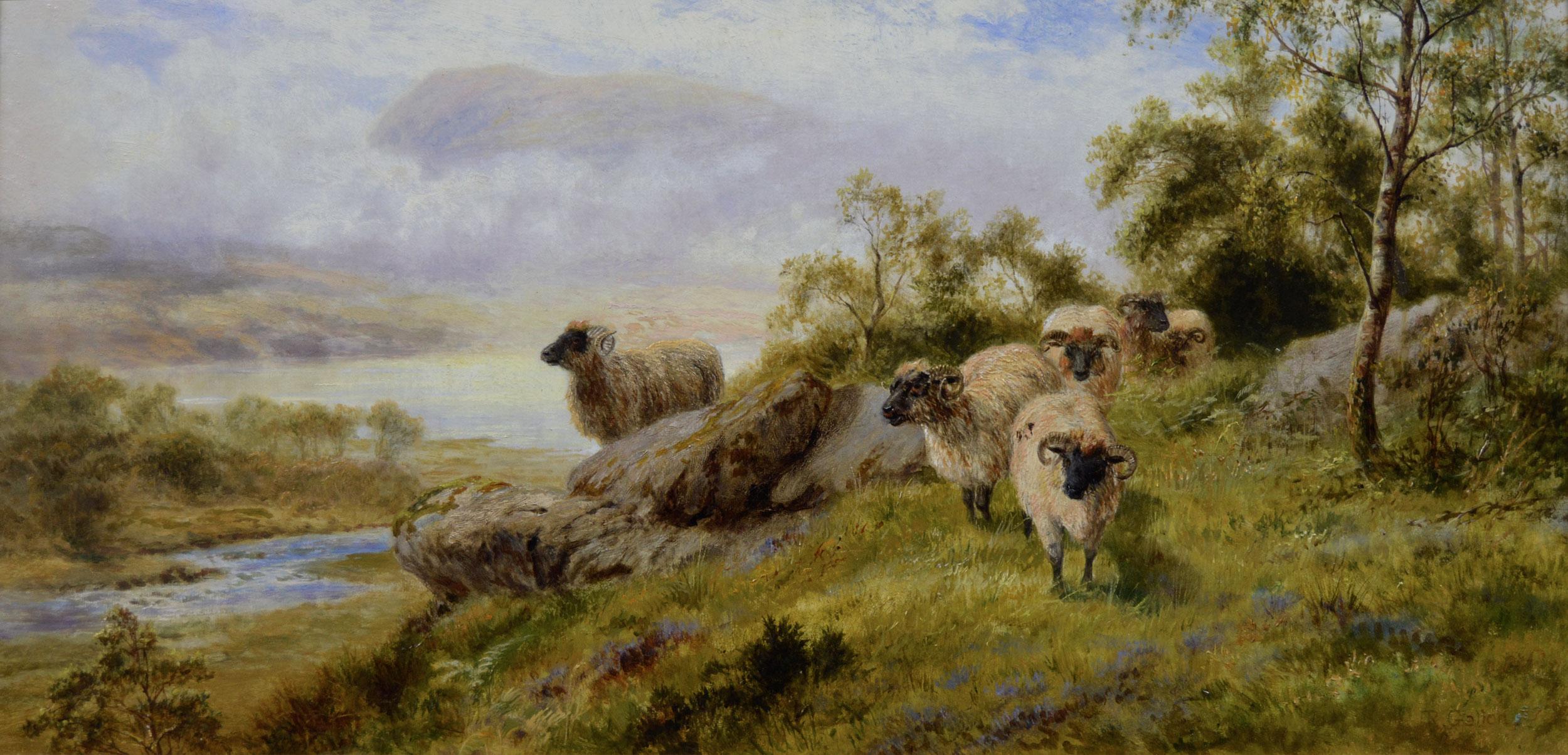 19th Century pair of Scottish landscape oil paintings with sheep & cattle - Painting by Robert Gallon