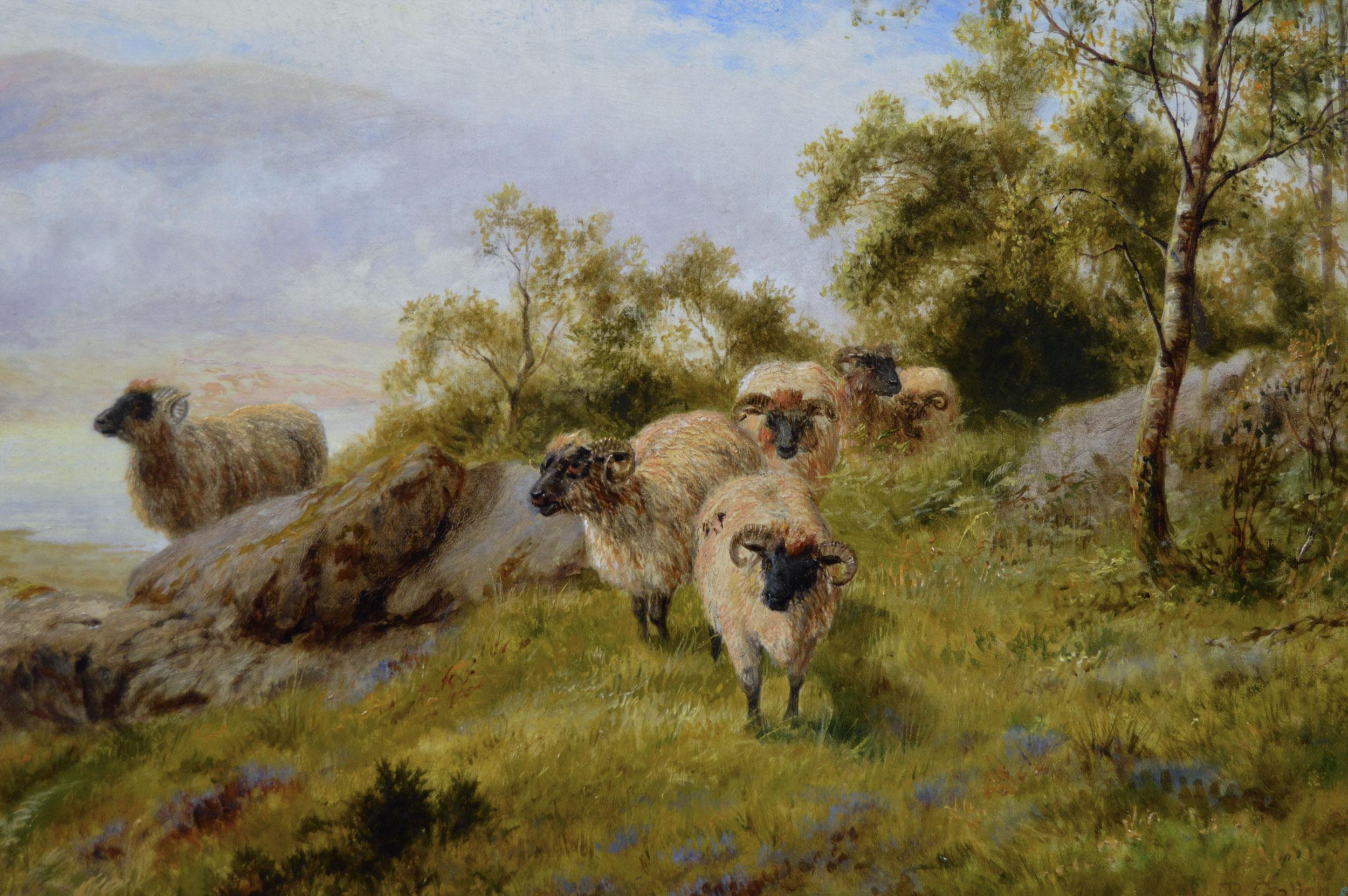 19th Century pair of Scottish landscape oil paintings with sheep & cattle - Victorian Painting by Robert Gallon