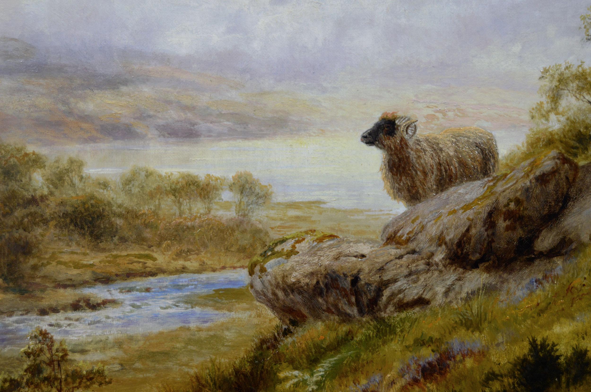 19th Century pair of Scottish landscape oil paintings with sheep & cattle 1