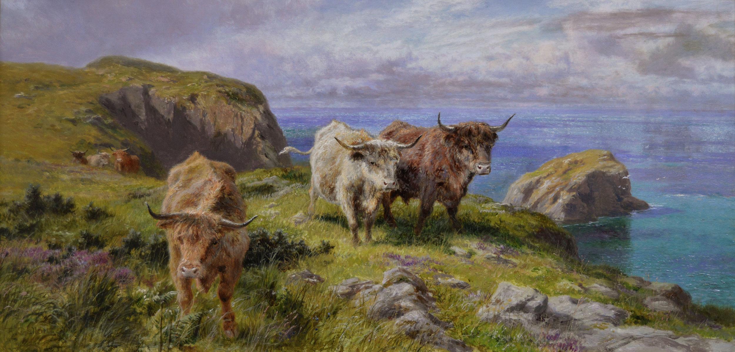 19th Century pair of Scottish landscape oil paintings with sheep & cattle 4