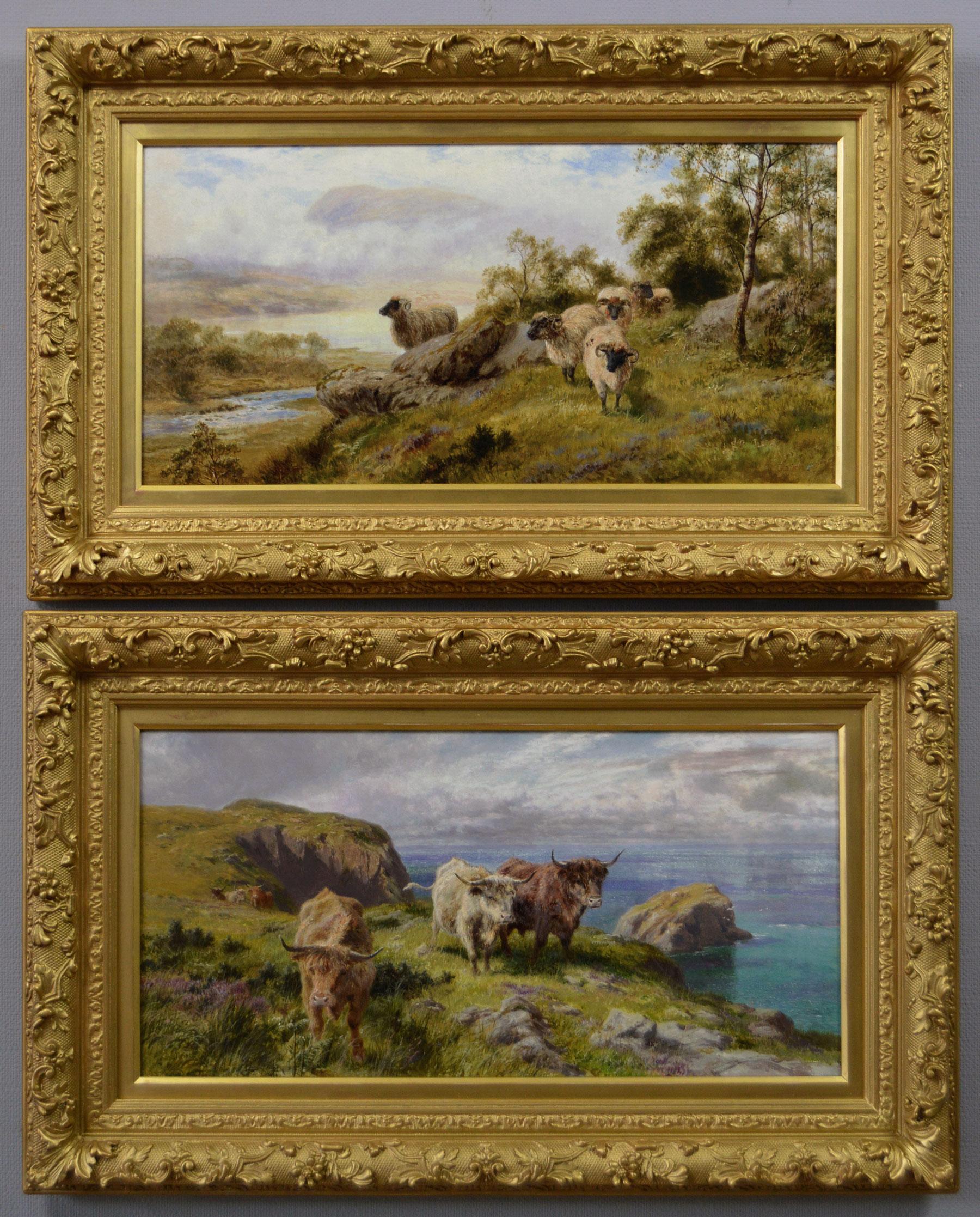 Robert Gallon Landscape Painting - 19th Century pair of Scottish landscape oil paintings with sheep & cattle