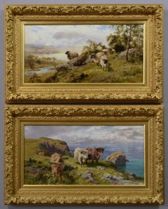19th Century pair of Scottish landscape oil paintings with sheep & cattle