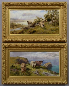 Antique 19th Century pair of Scottish landscape oil paintings with sheep & cattle