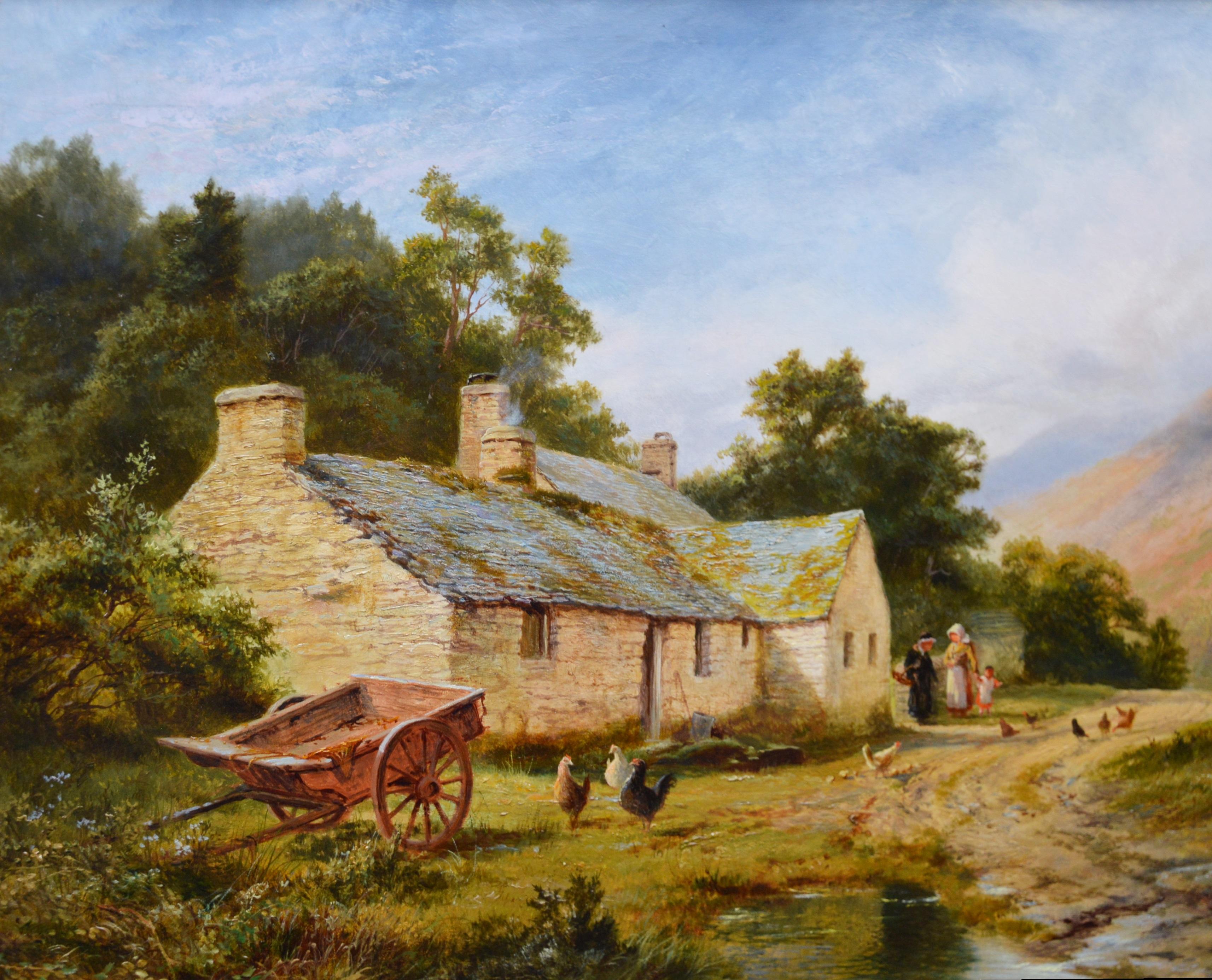 Dans la vallée de Lledr - Grande peinture à l'huile d'un paysage d'été du 19e siècle - Snowdonia - Marron Landscape Painting par Robert Gallon