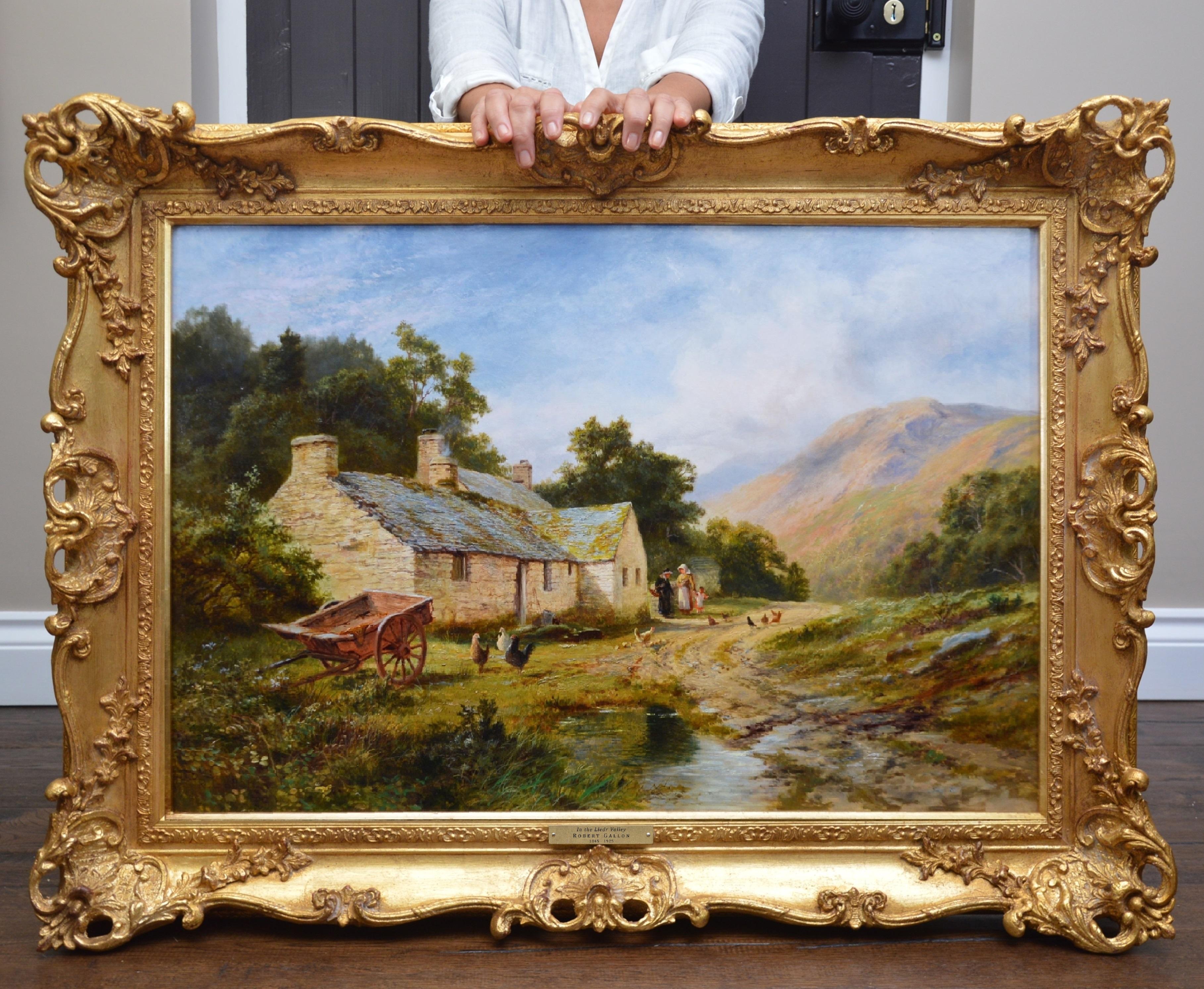 Robert Gallon Animal Painting - Cottage in Snowdonia Large 19th Century Victorian Summer Landscape Oil Painting 