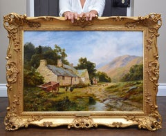 Cottage in Snowdonia Large 19th Century Victorian Summer Landscape Oil Painting 