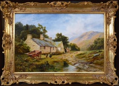 Antique Large 19th Century Victorian Summer Landscape Oil Painting of Snowdonia Wales