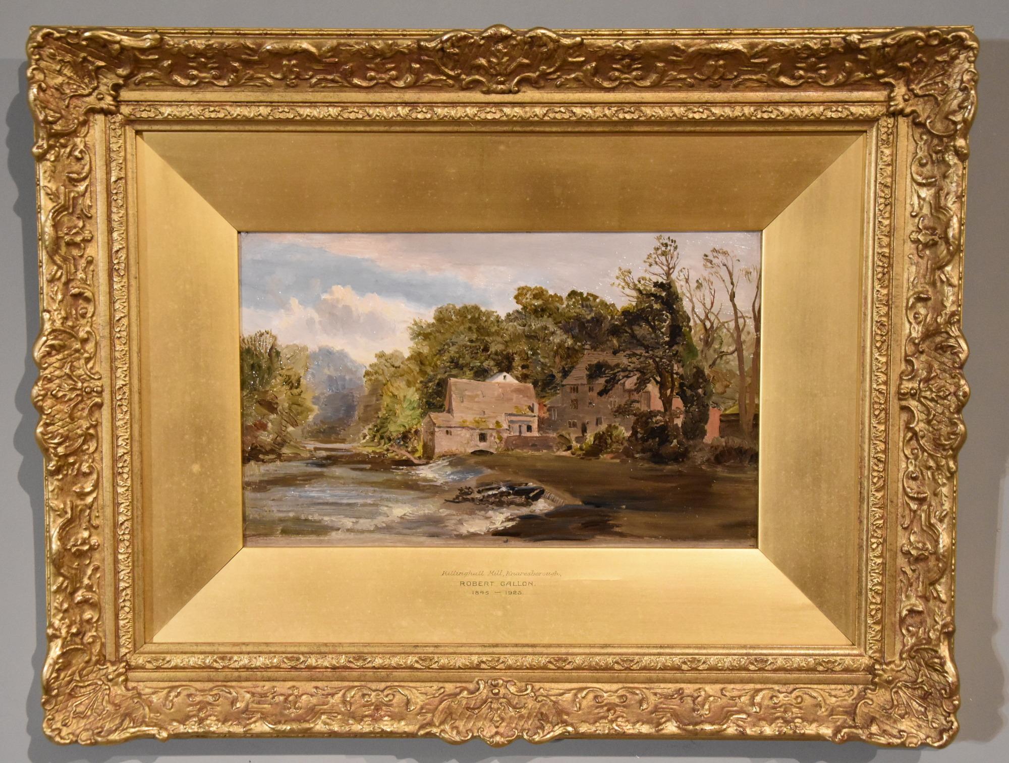 Oil Painting by Robert Gallon "Killinghall Mill, Knaresborough" 1845 - 1925. Popular painter of 'Old England'  and regular exhibitor at the Royal Academy and elsewhere. Oil on Board. Signed and inscribed with the date July 29 1880 verso

Dimensions