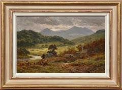 Antique Oil Painting of Welsh Hamlet with Snowdon in the distance by 19th Century Artist