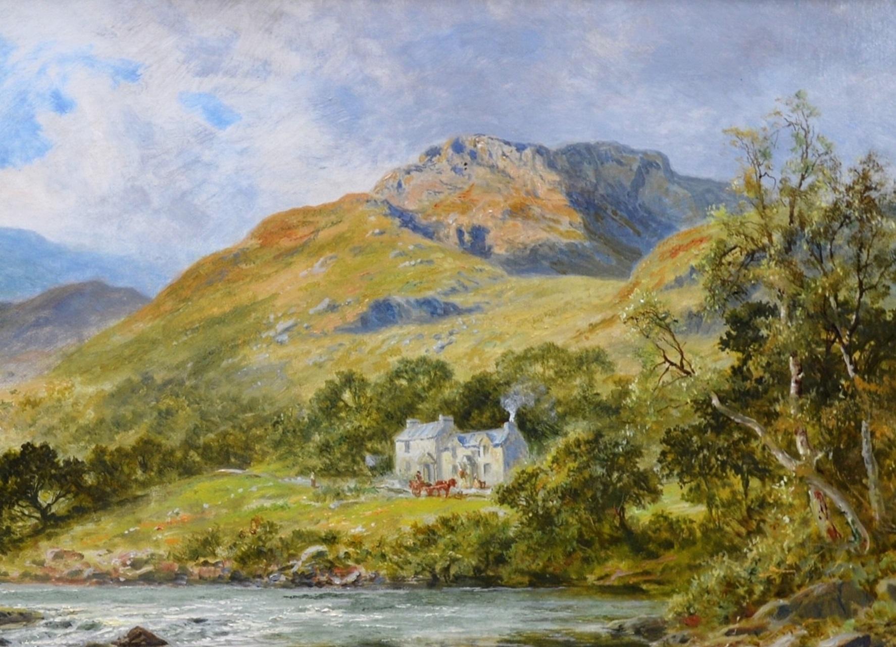 The Fish Inn, Lledr Valley - 19th Century Landscape Oil Painting River Fishing - Brown Landscape Painting by Robert Gallon
