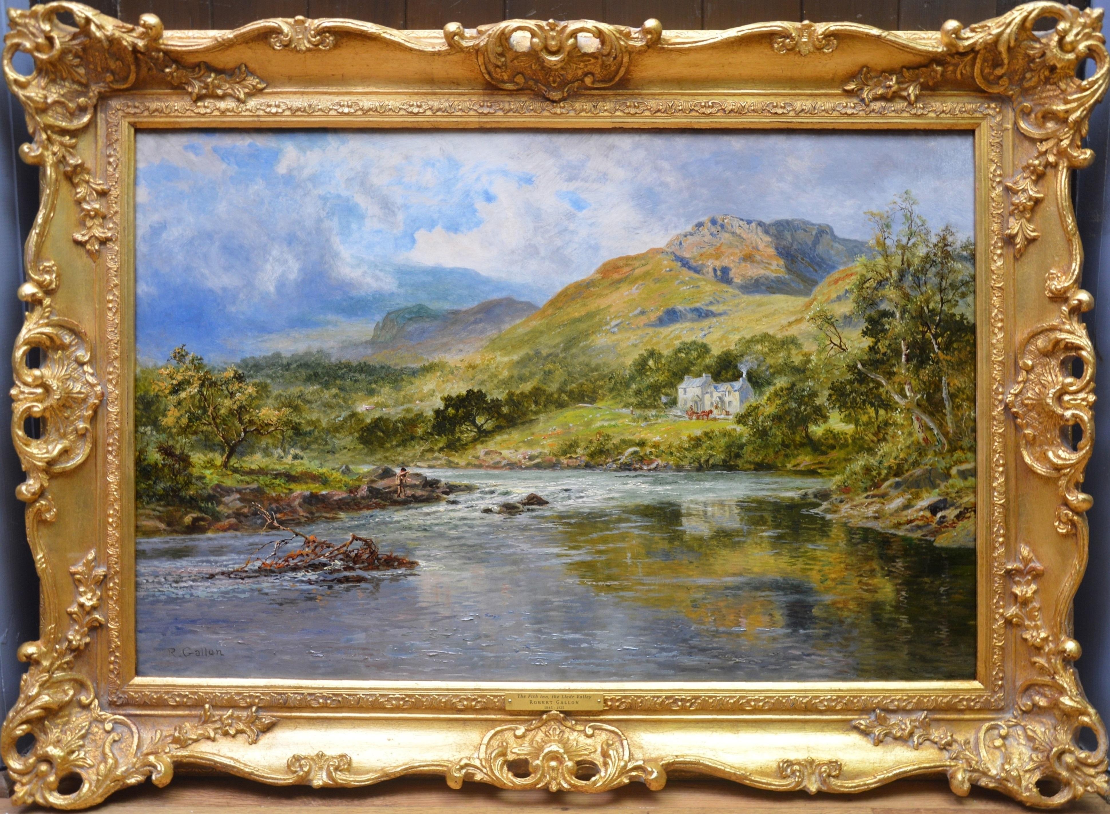 Robert Gallon Landscape Painting - The Fish Inn, Lledr Valley - 19th Century Landscape Oil Painting River Fishing