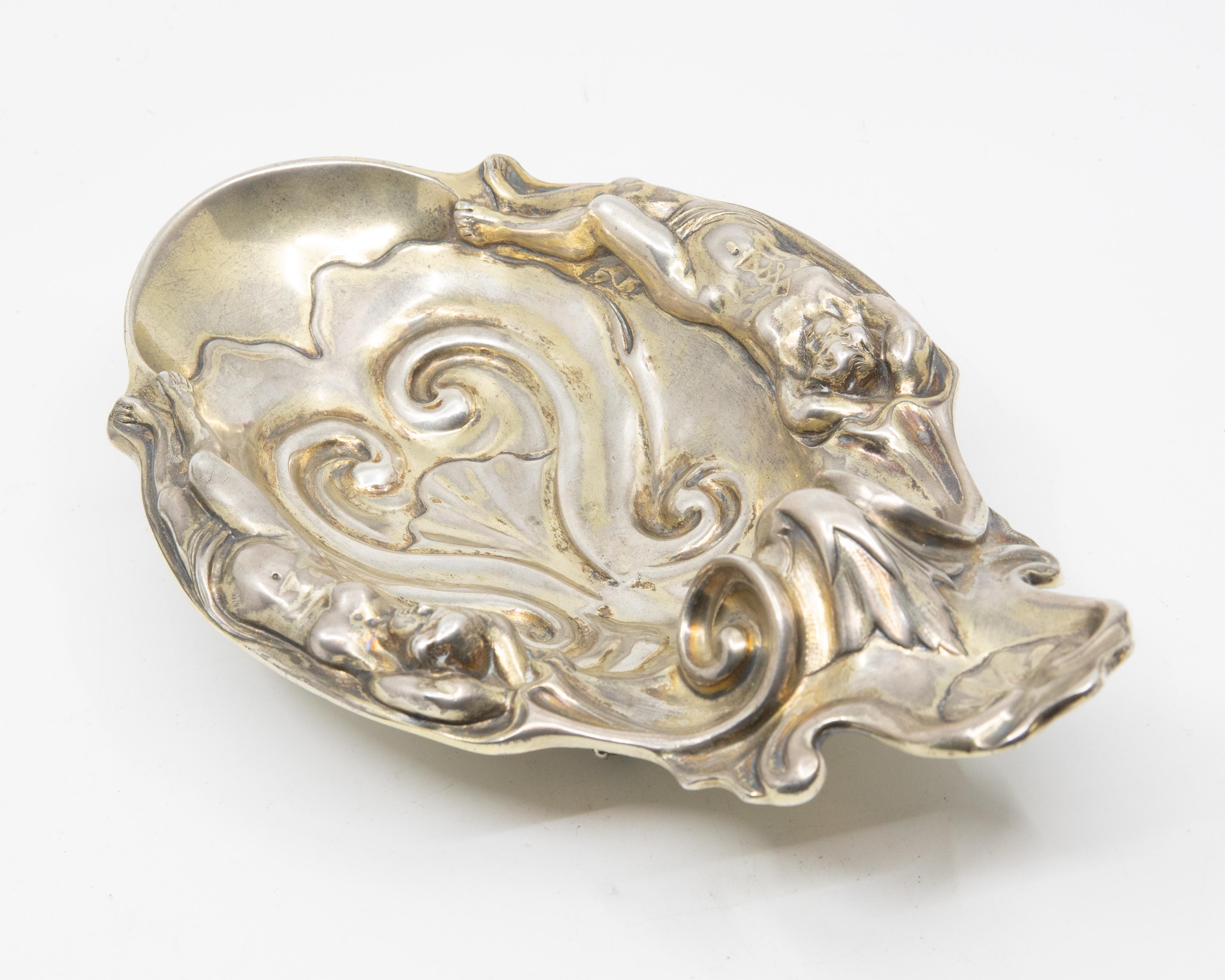 Gilt Robert Garrard Figural Renaissance Revival Decorated Sterling Silver Dish