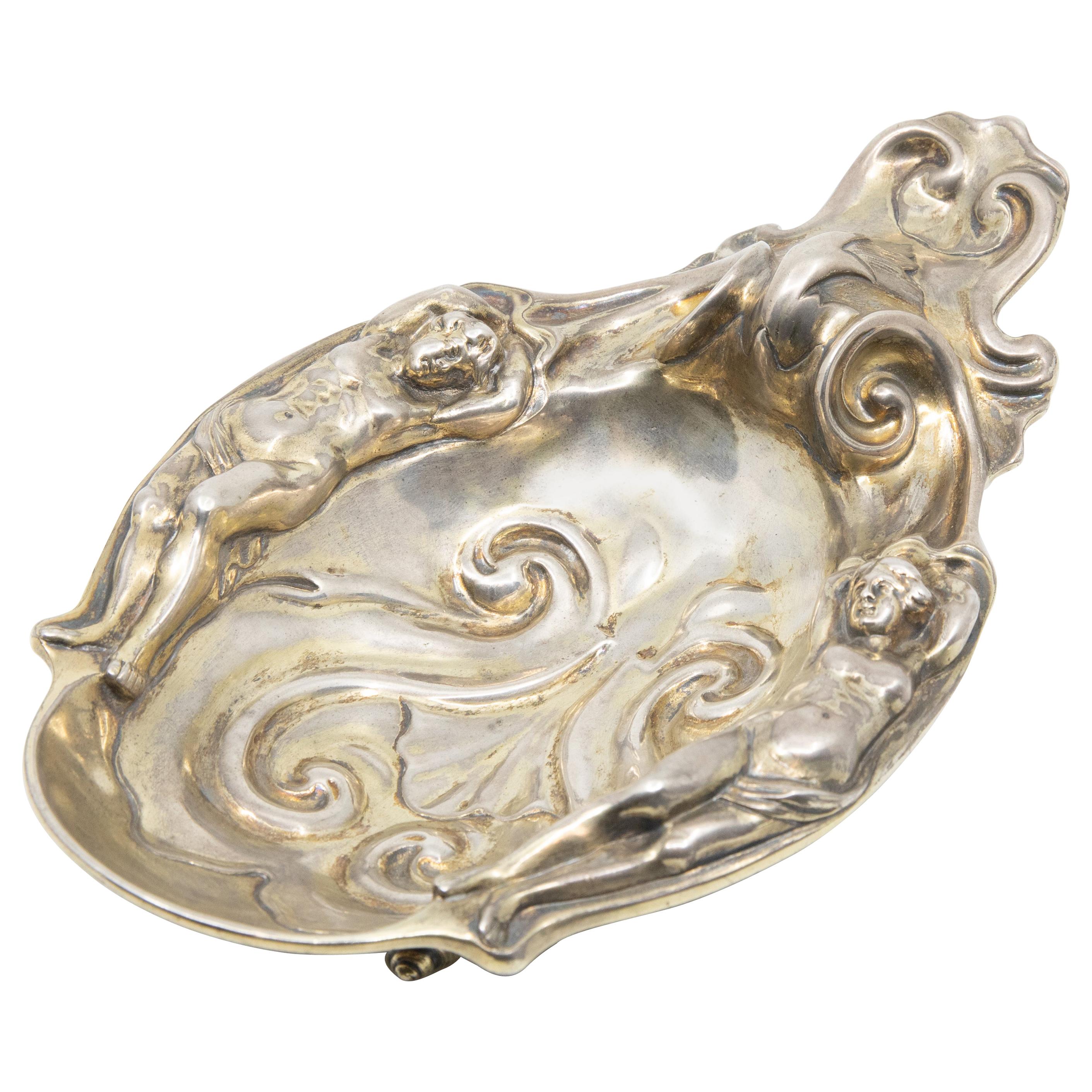 Robert Garrard Figural Renaissance Revival Decorated Sterling Silver Dish