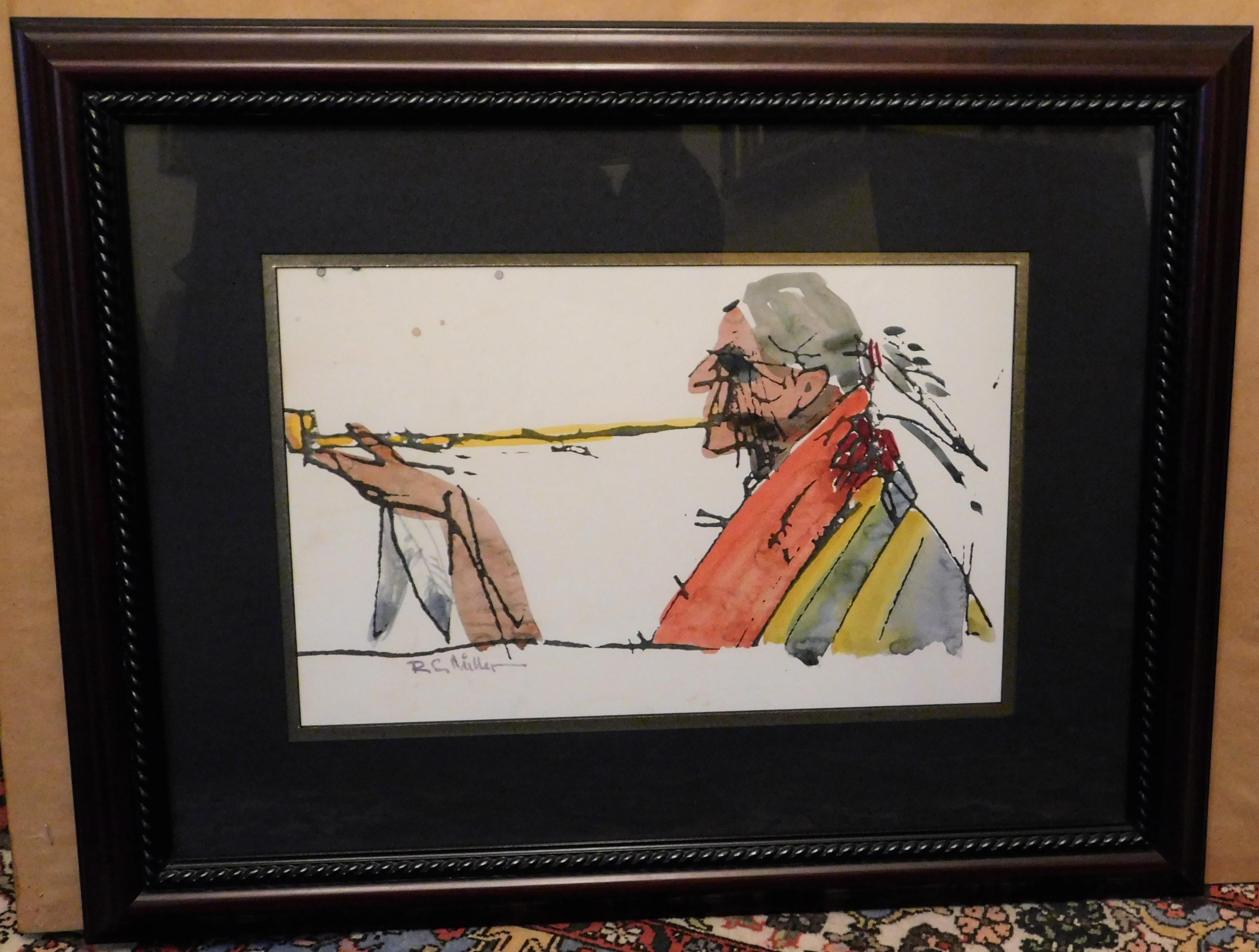 Robert Gary (R.G.) Miller ( Indigenous Canadian 1950- ) circa 1980 signed lower left corner watercolor. Framed and matted under glass, title unknown. See our other items for more R.G. Miller paintings.
Actual size - 9.5