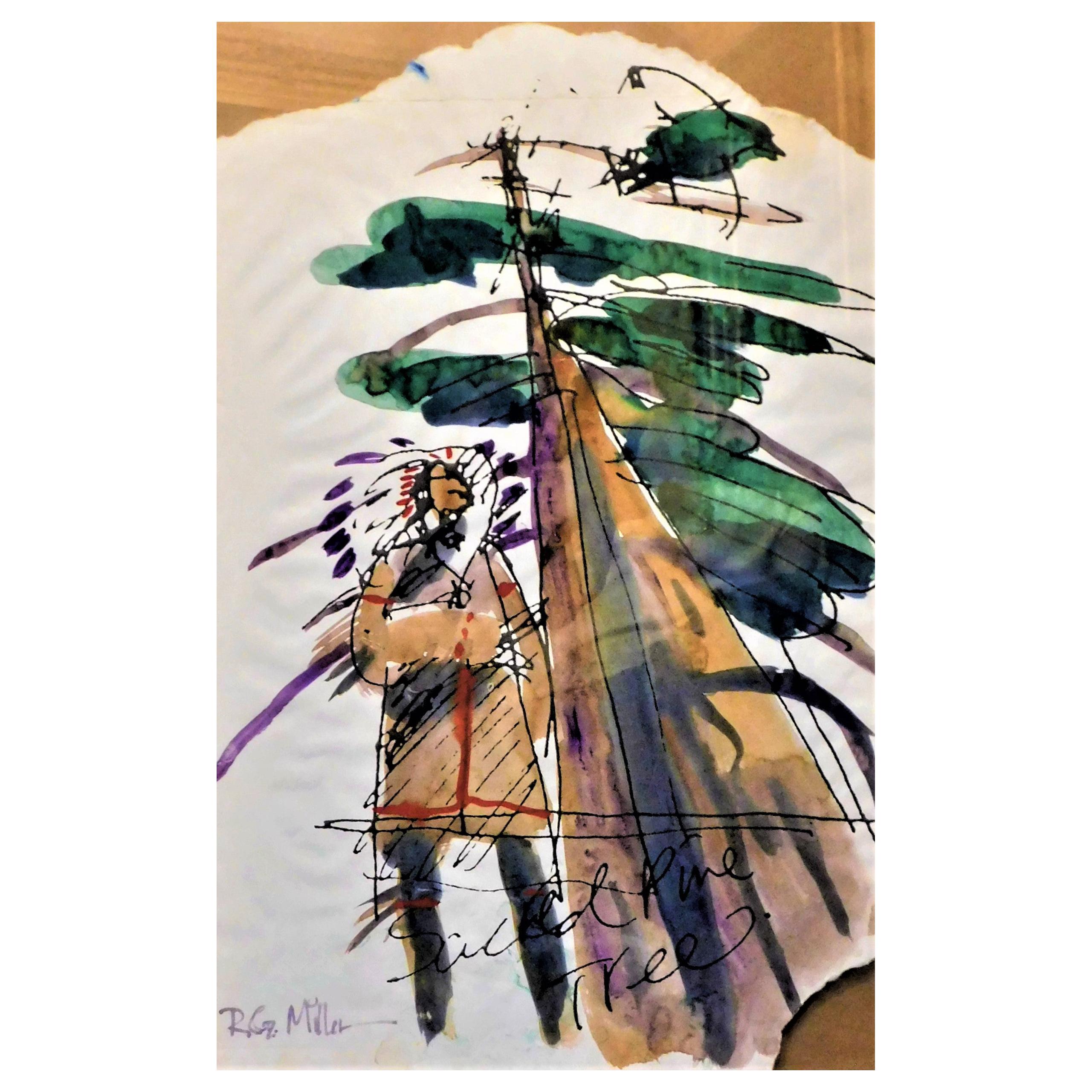 Robert Gary Miller Native American Signed Watercolor "Sacred Pine Tree", Canada