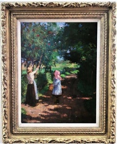 "Girls in the Orchard” , English country landscape in Summer, oil on canvas