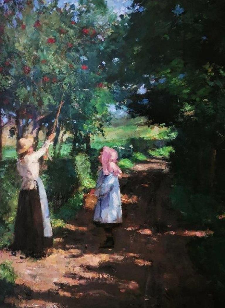 Robert Gemell Hutchison Figurative Painting - "Girls in the Orchard” , English country landscape in Summer, oil on canvas 