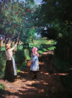 "Girls in the Orchard” , English country landscape in Summer, oil on canvas 