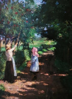 "Girls in the Orchard” , English country landscape in Summer, oil on canvas