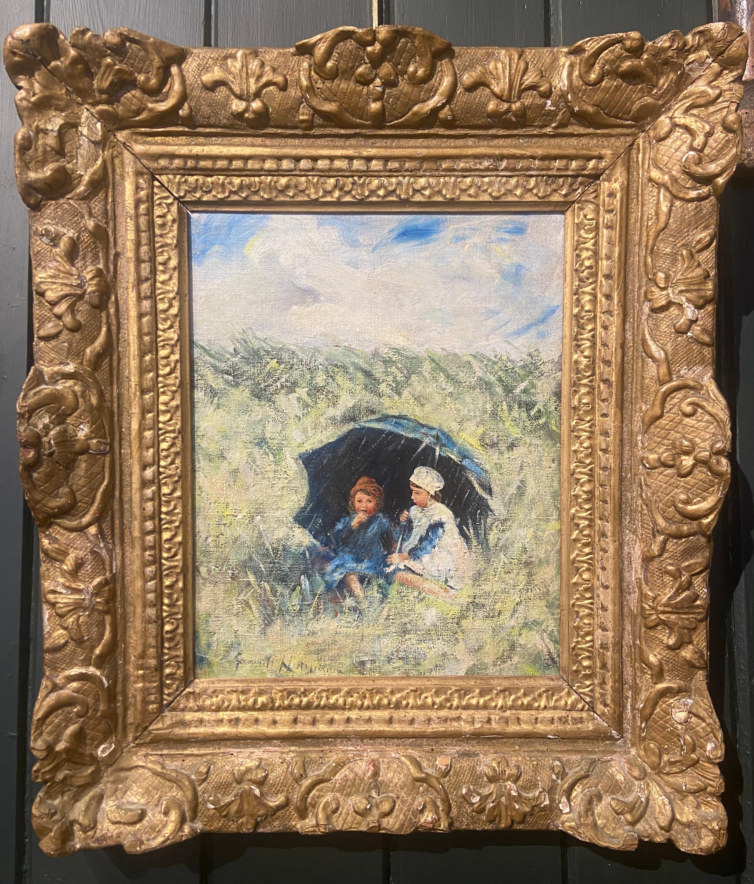 Une douche d'été, huile sur toile, English School, paysage signé - Painting de Robert Gemmell Hutchison