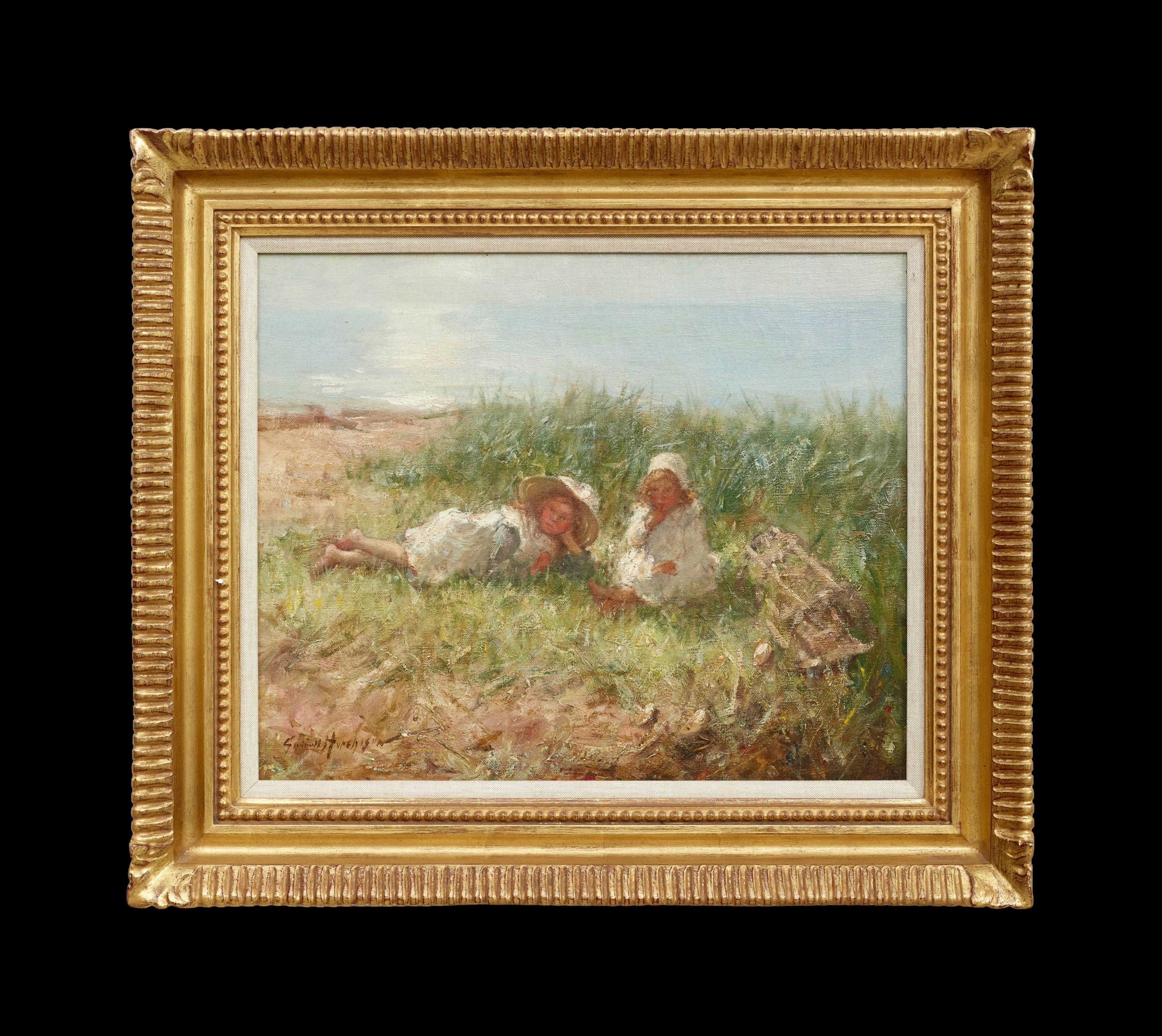 Between Us Paysage impressionniste et peinture figurative de deux filles, plage - Painting de Robert Gemmell Hutchison