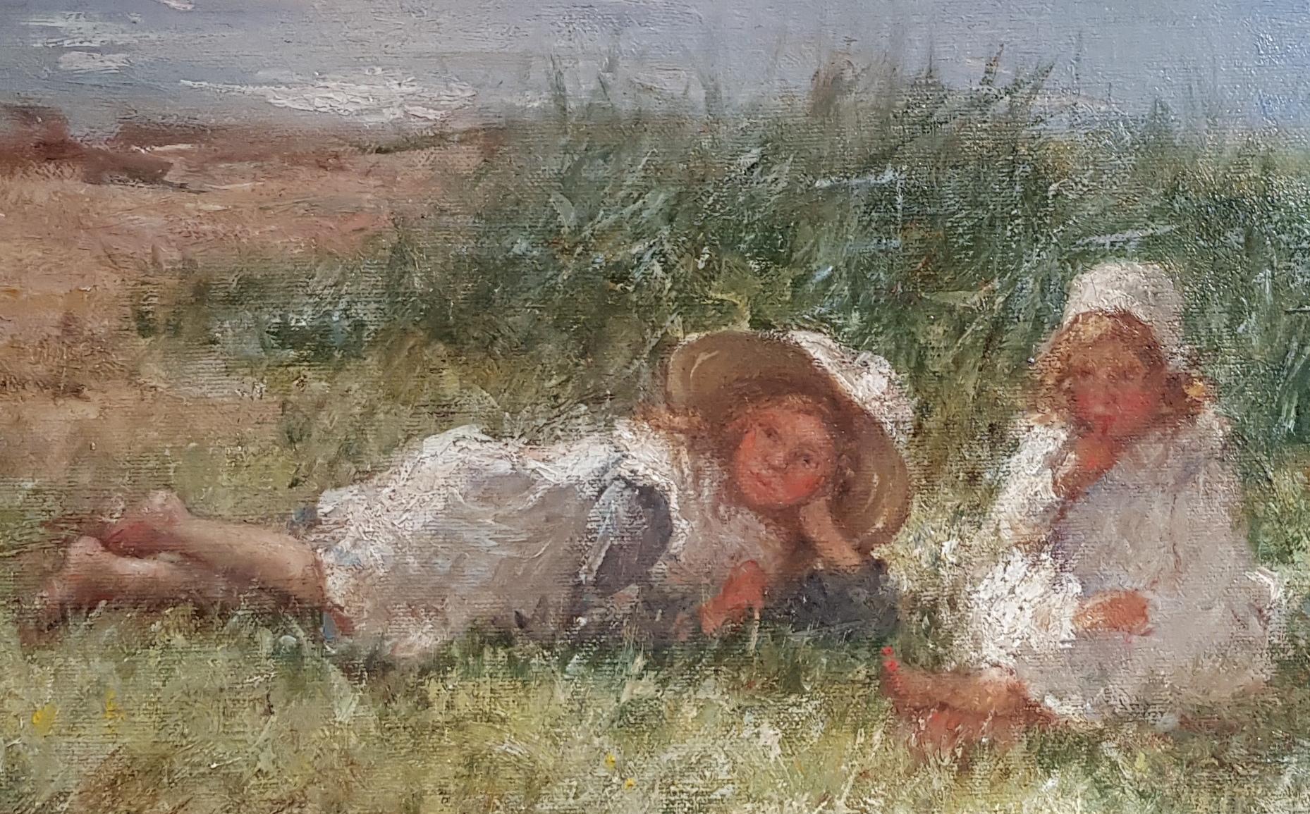 Between Us Paysage impressionniste et peinture figurative de deux filles, plage - Impressionnisme Painting par Robert Gemmell Hutchison