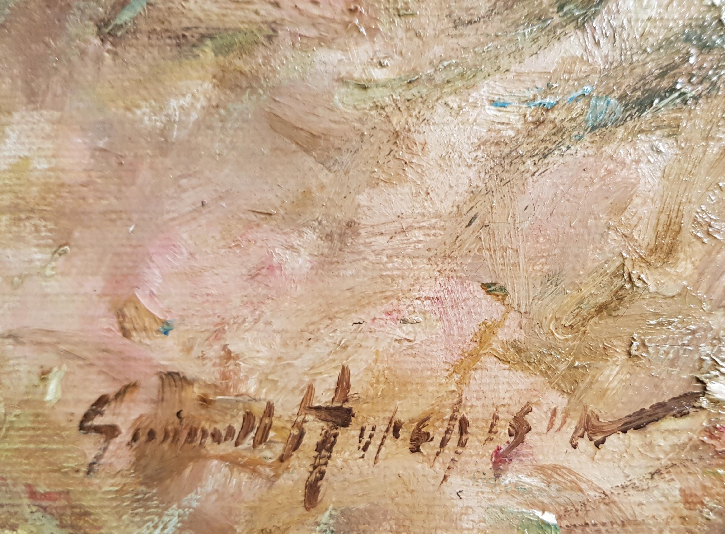 Between Us est une charmante peinture à l'huile représentant deux jeunes filles étroitement assises sur une plage de sable écossaise. Leurs personnages, rendus avec un pinceau tendre, semblent baigner dans une lumière douce et ambiante. Le paysage