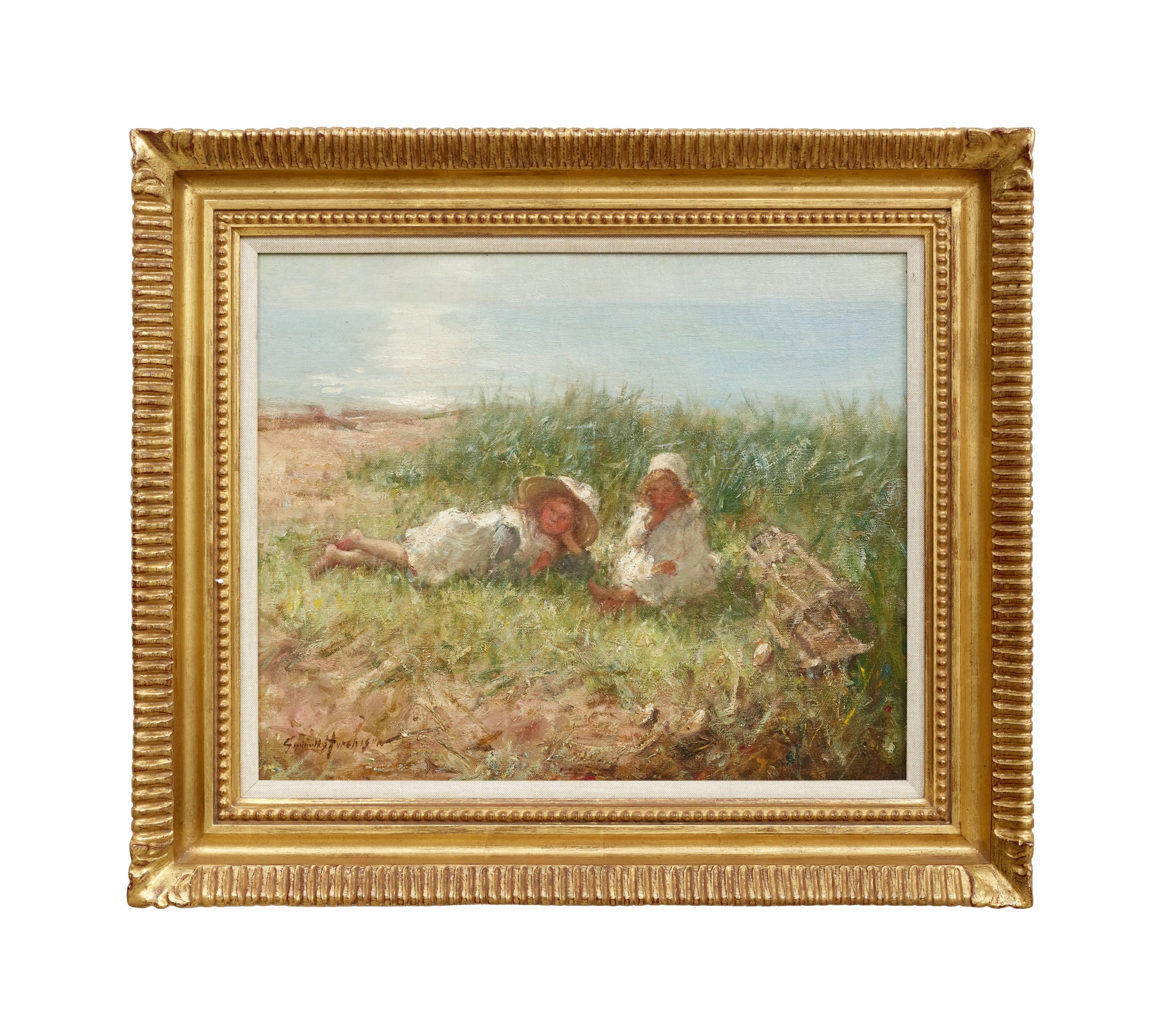 Between Us Paysage impressionniste et peinture figurative de deux filles, plage en vente 2