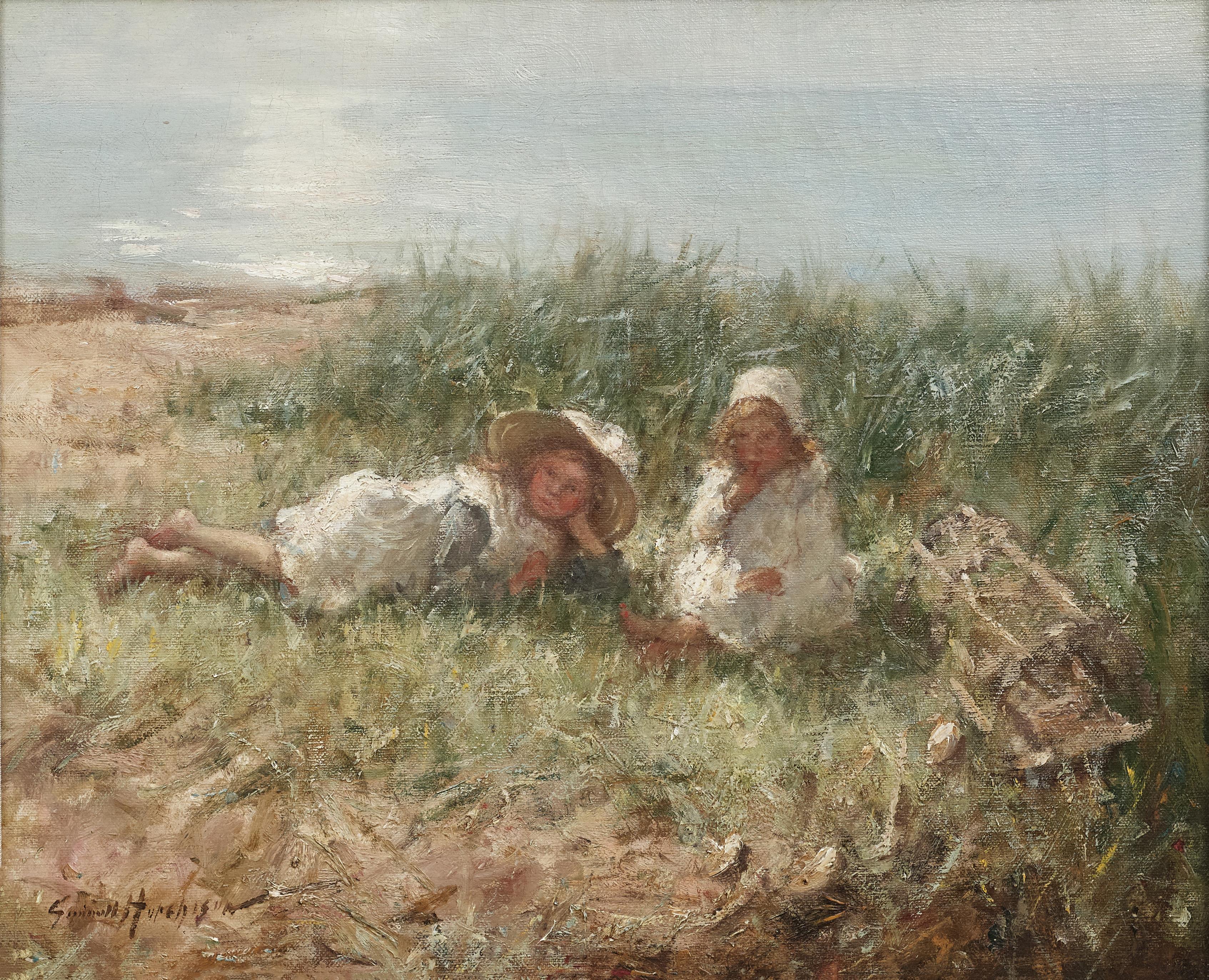 Between Us Impressionist Landscape & Figurative painting of two girls, beach