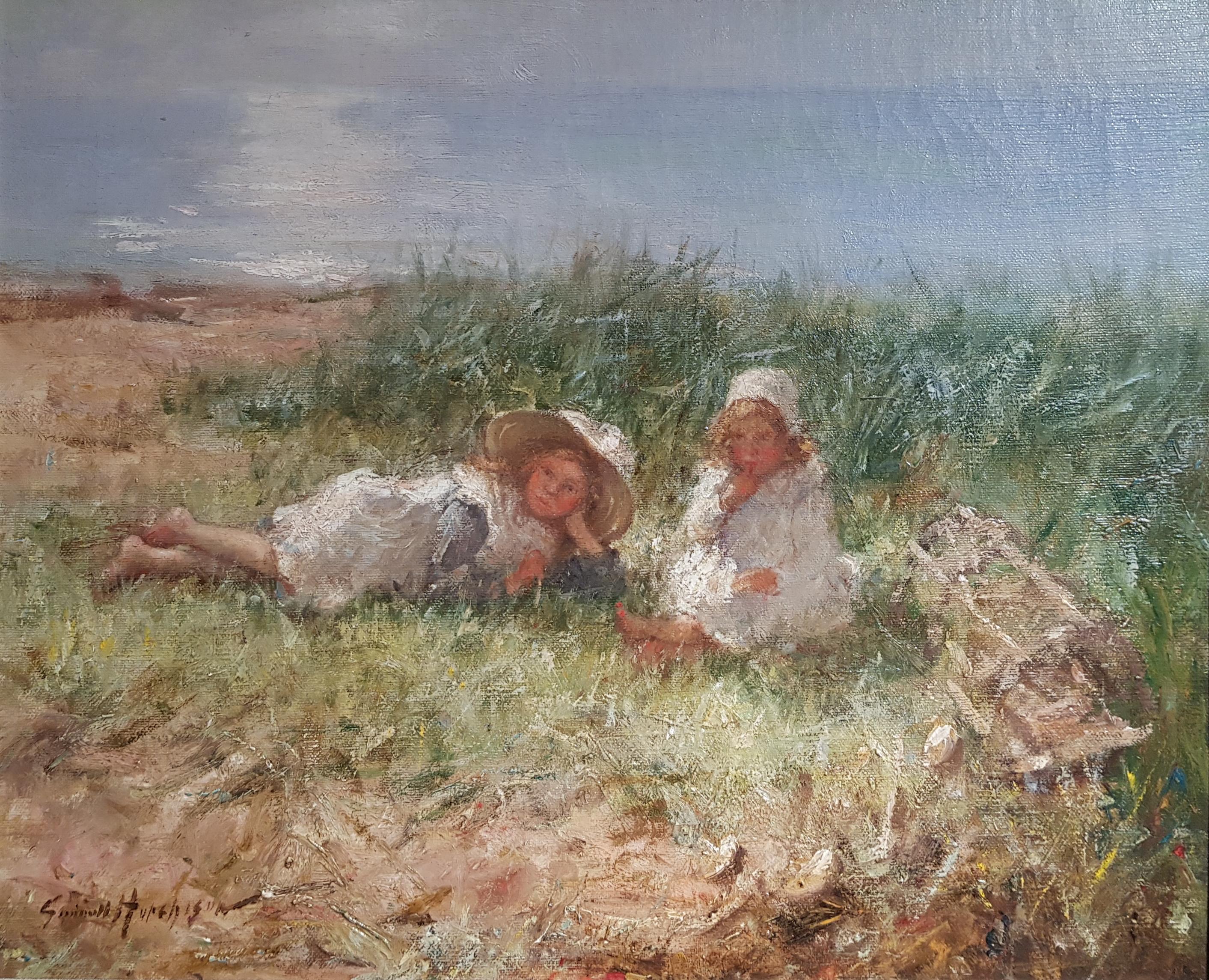 Robert Gemmell Hutchison Figurative Painting -  Impressionist Figurative painting of two girls, beach, green, sea ‘Between Us’