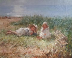 Impressionist Figurative painting of two girls, beach, green, sea ‘Between Us’