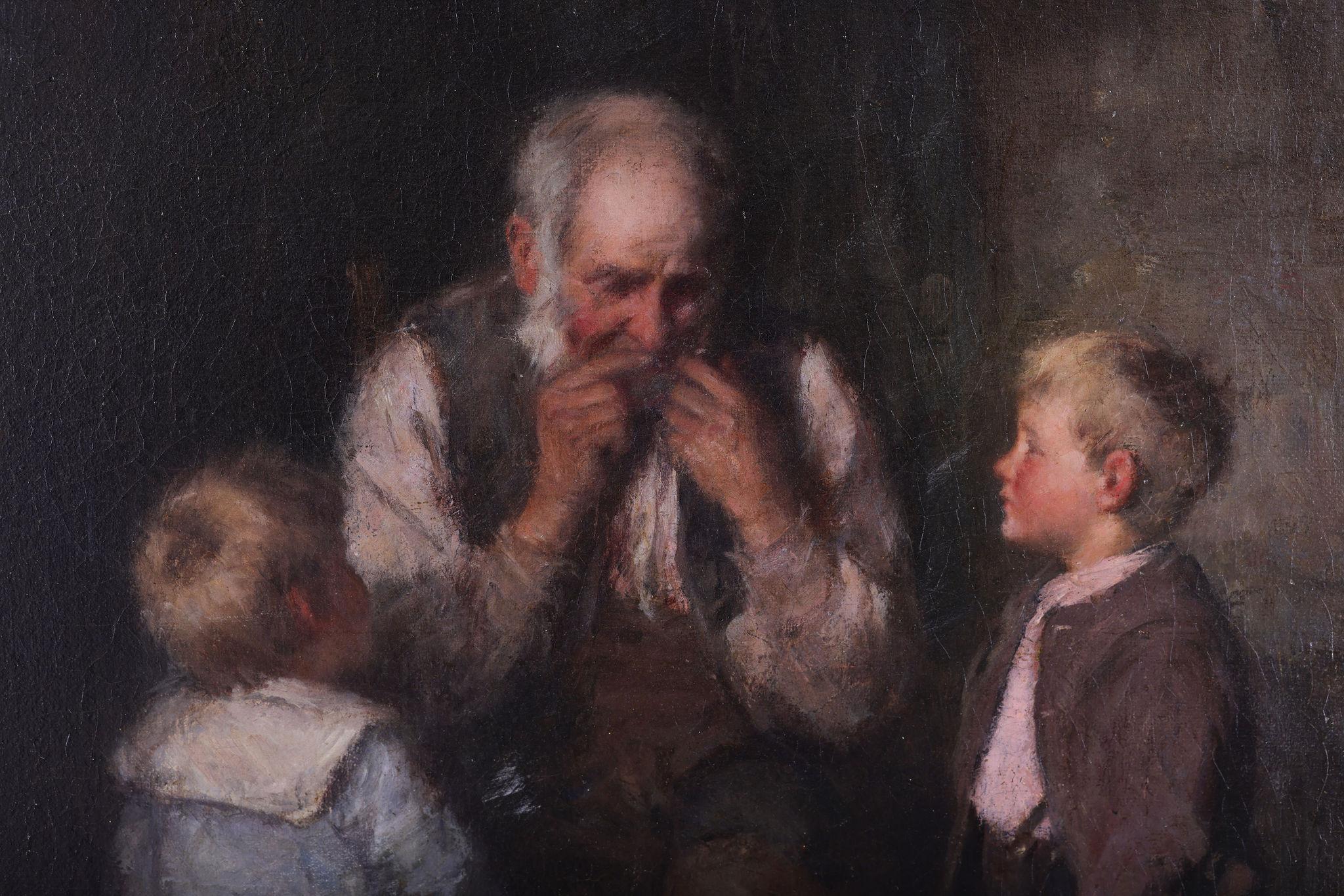 'The Jew's Harp' Two Boys Listening to an Old Man. An antique painting - Painting by Robert Gemmell Hutchison