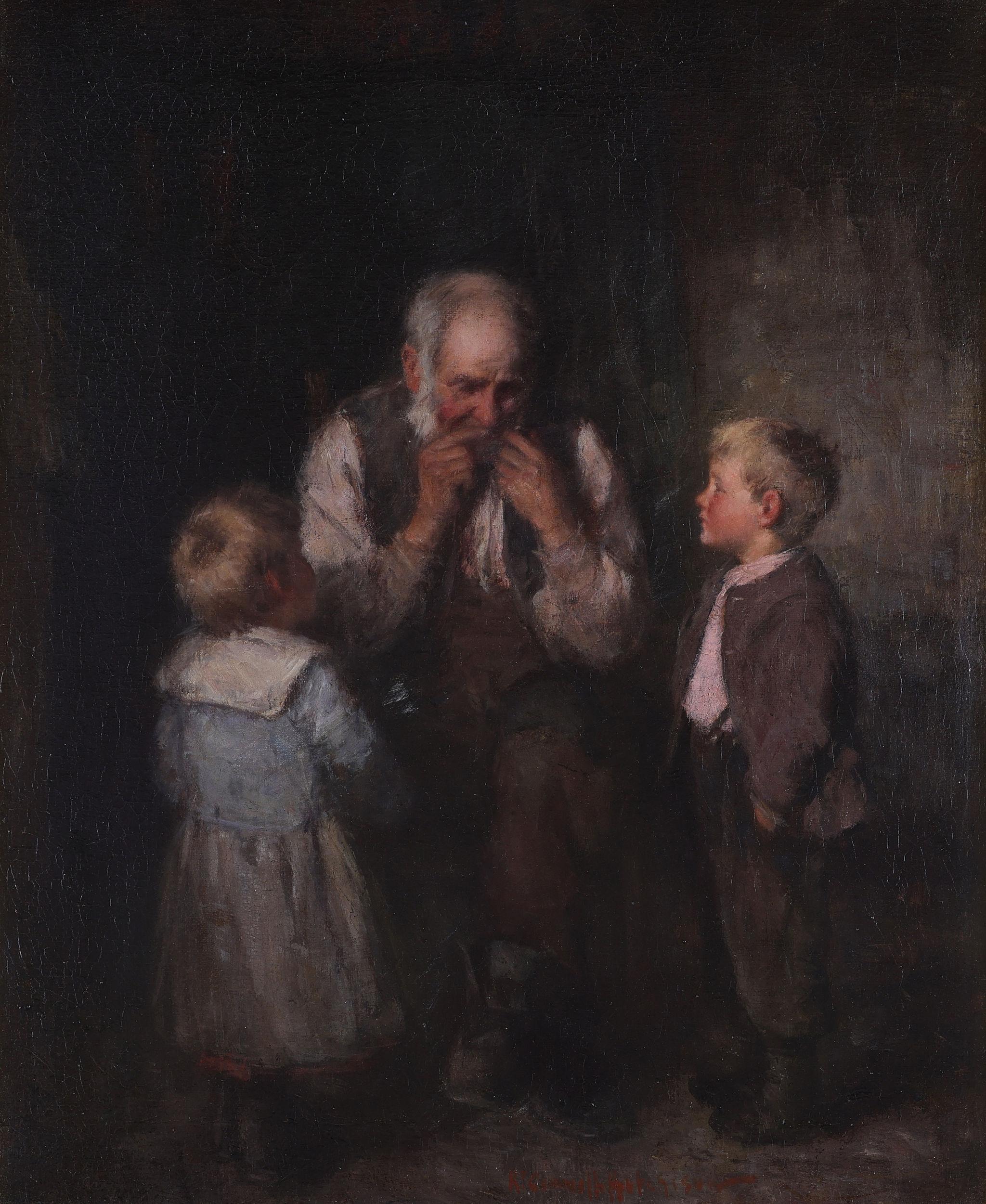 'The Jew's Harp' Two Boys Listening to an Old Man. An antique painting For Sale 1
