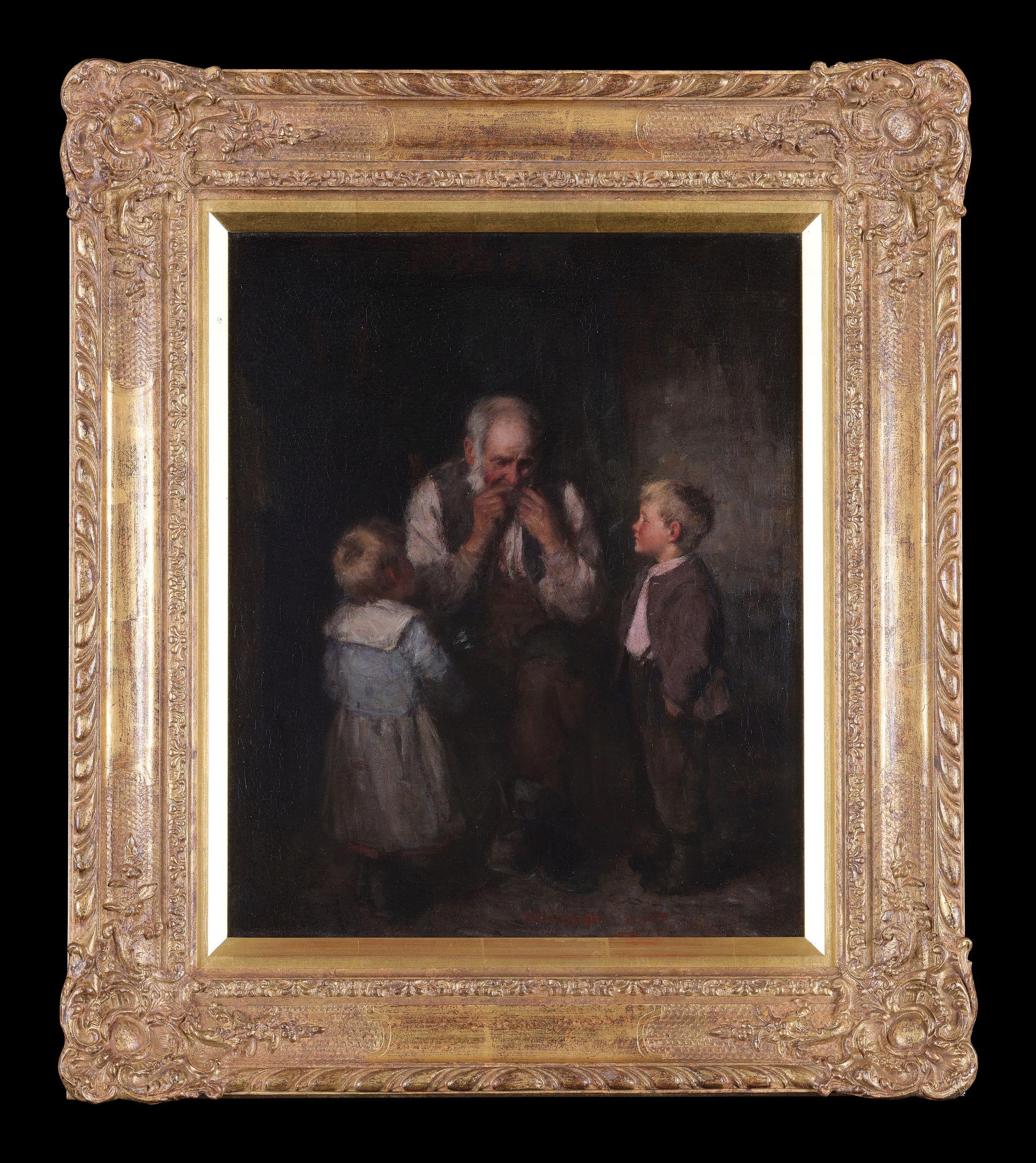Robert Gemmell Hutchison Figurative Painting - 'The Jew's Harp' Two Boys Listening to an Old Man.  Oil painting on canvas