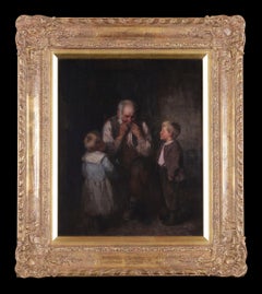 „The Jew's Harp“ Zwei Jungen, die auf einen alten Mann hörten. Ein antikes Gemälde