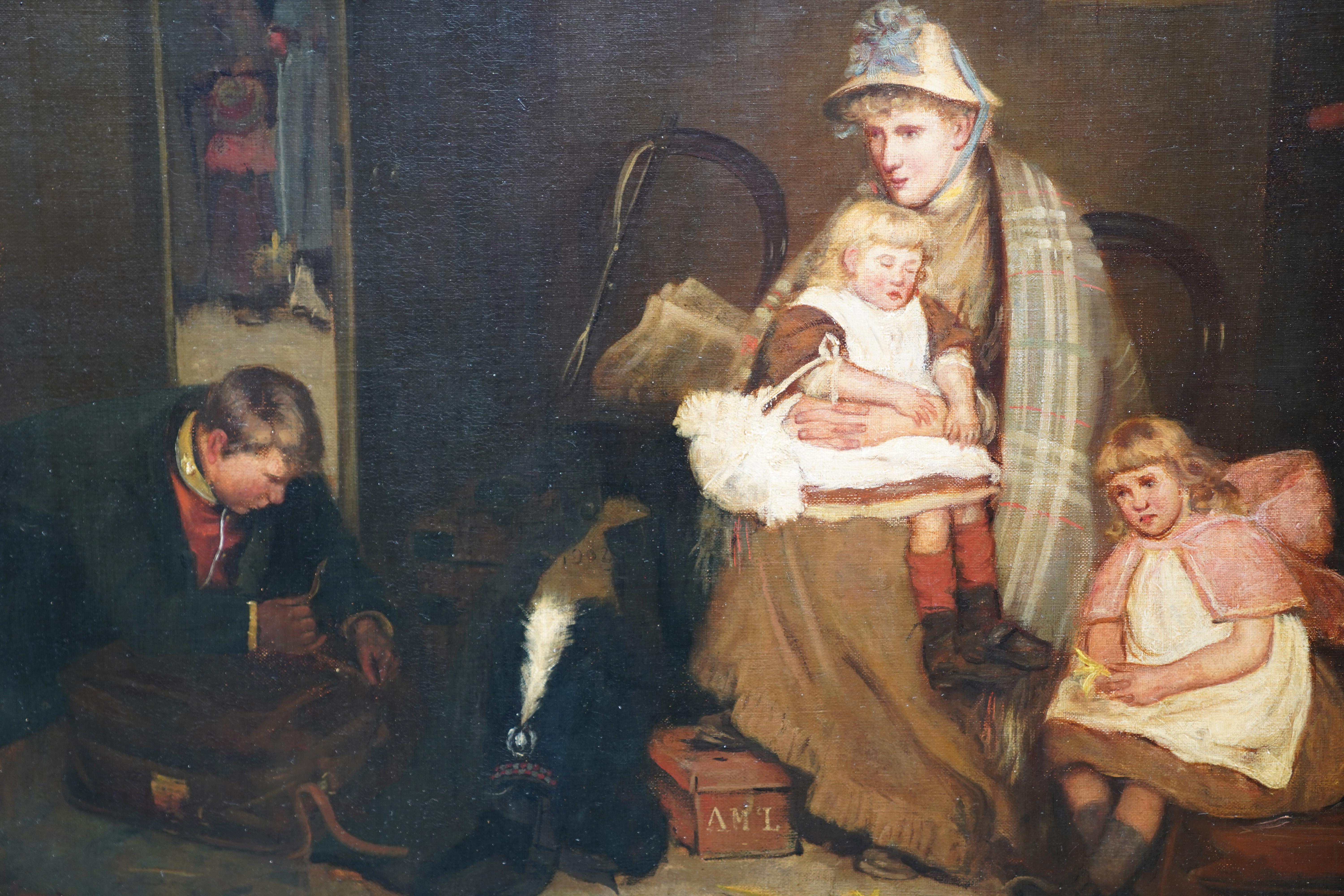 Cette ravissante peinture à l'huile de genre d'intérieur écossais est l'œuvre du célèbre artiste écossais Robert Gemmell Hutchison. Peint vers 1890, CIRCA a peint plusieurs versions de cette scène d'un jeune homme quittant sa famille pour devenir