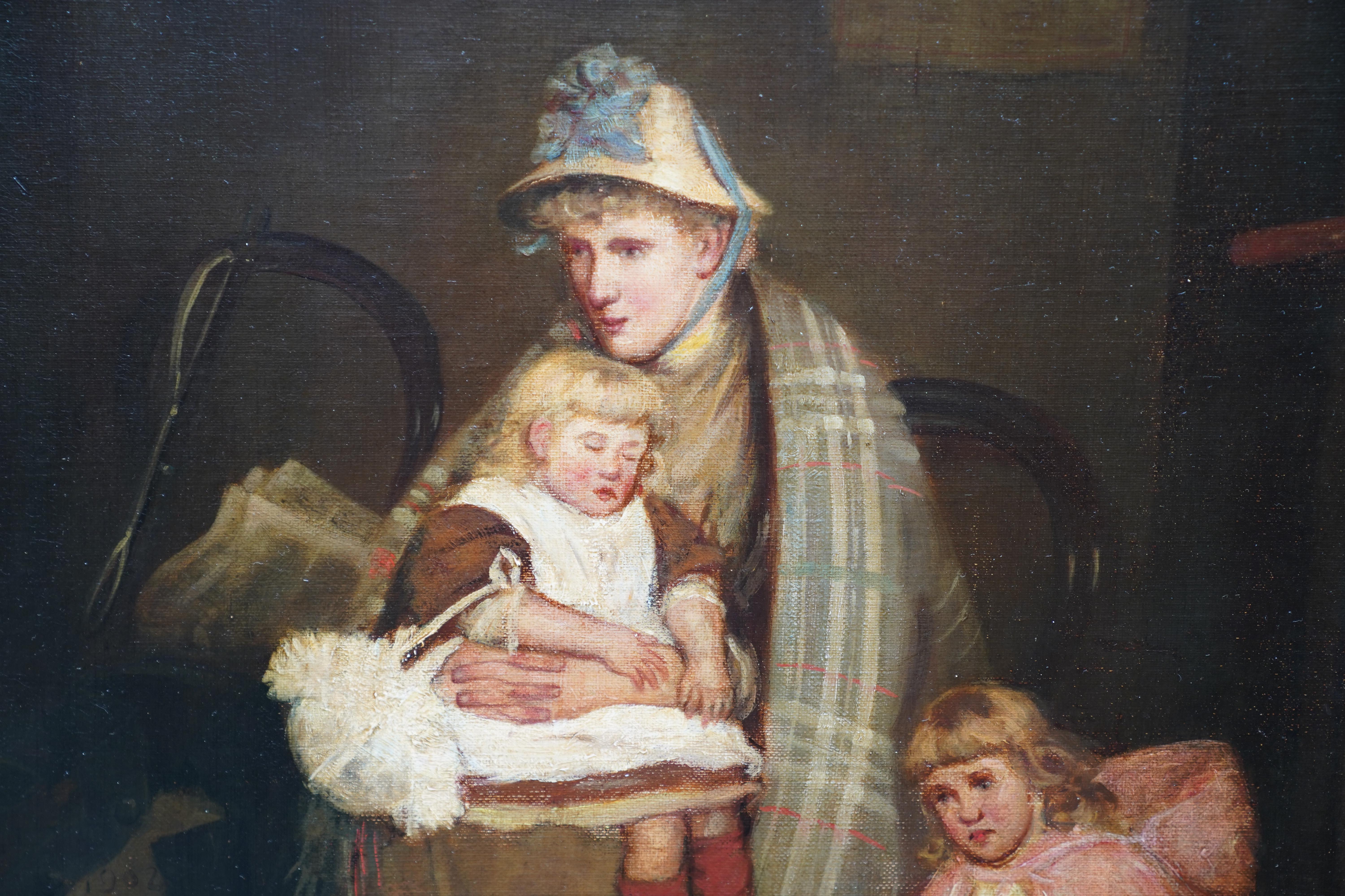This lovely Scottish interior genre oil painting is by noted Scottish artist Robert Gemmell Hutchison. Painted circa 1890 Hutchison painted several versions of this scene of a young man leaving his family to be a solider. A charming painting