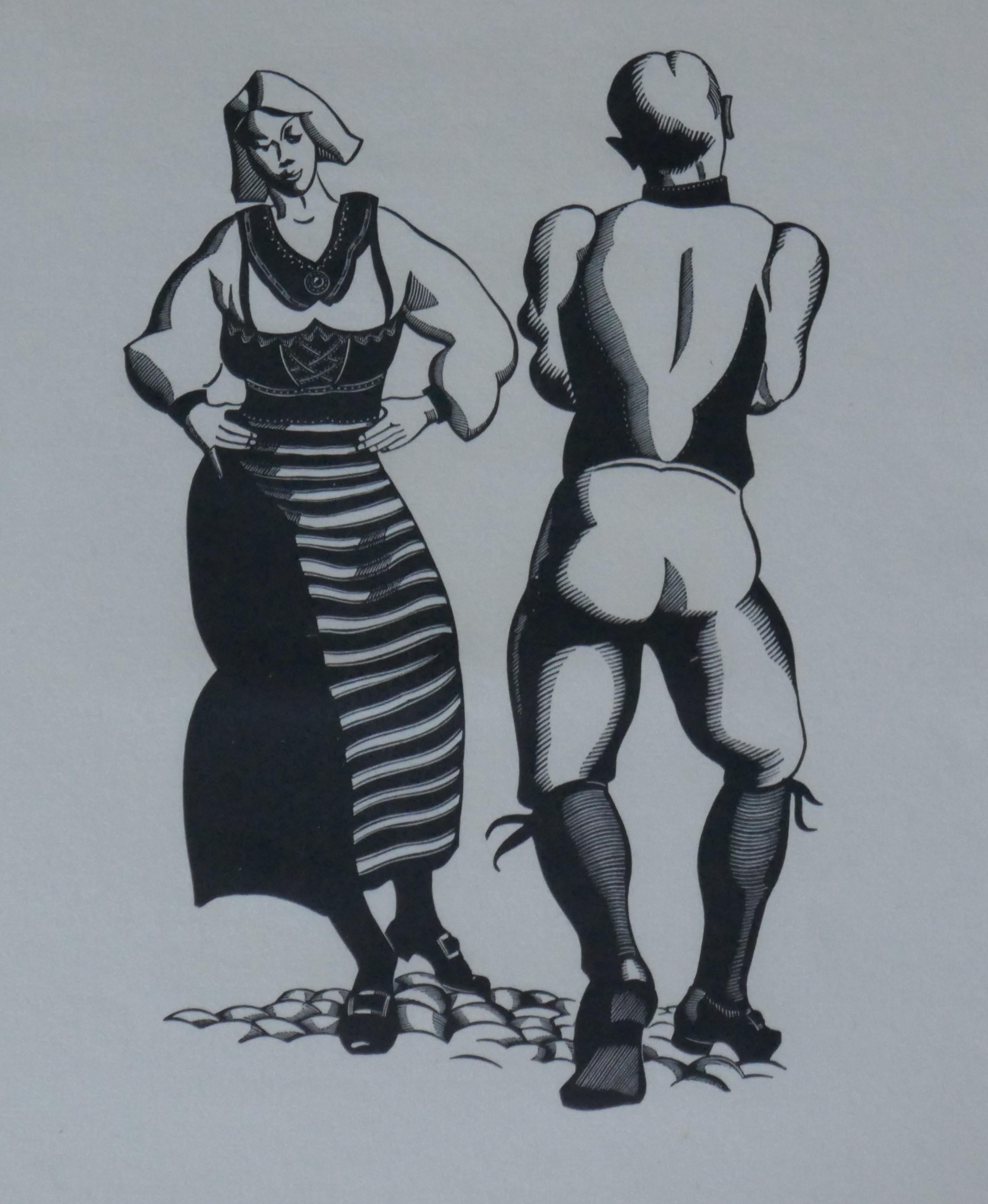 Folk Dancers, Skansen - Brown Figurative Print by Robert Gibbings 