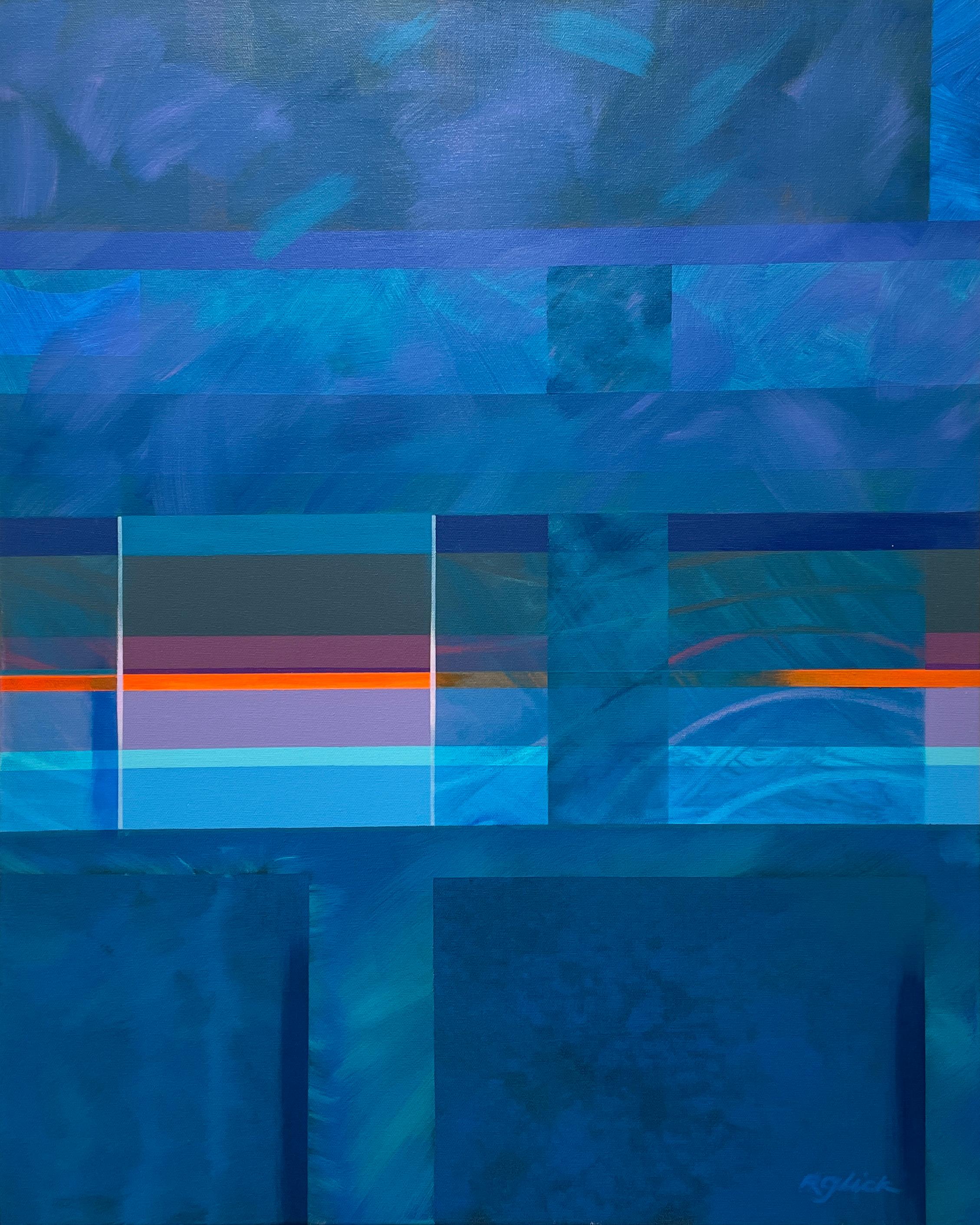 Robert Glick Abstract Painting – „Blaue Synergy“ – leuchtend blaues, geometrisches, abstraktes Acrylgemälde in Vivid Blue