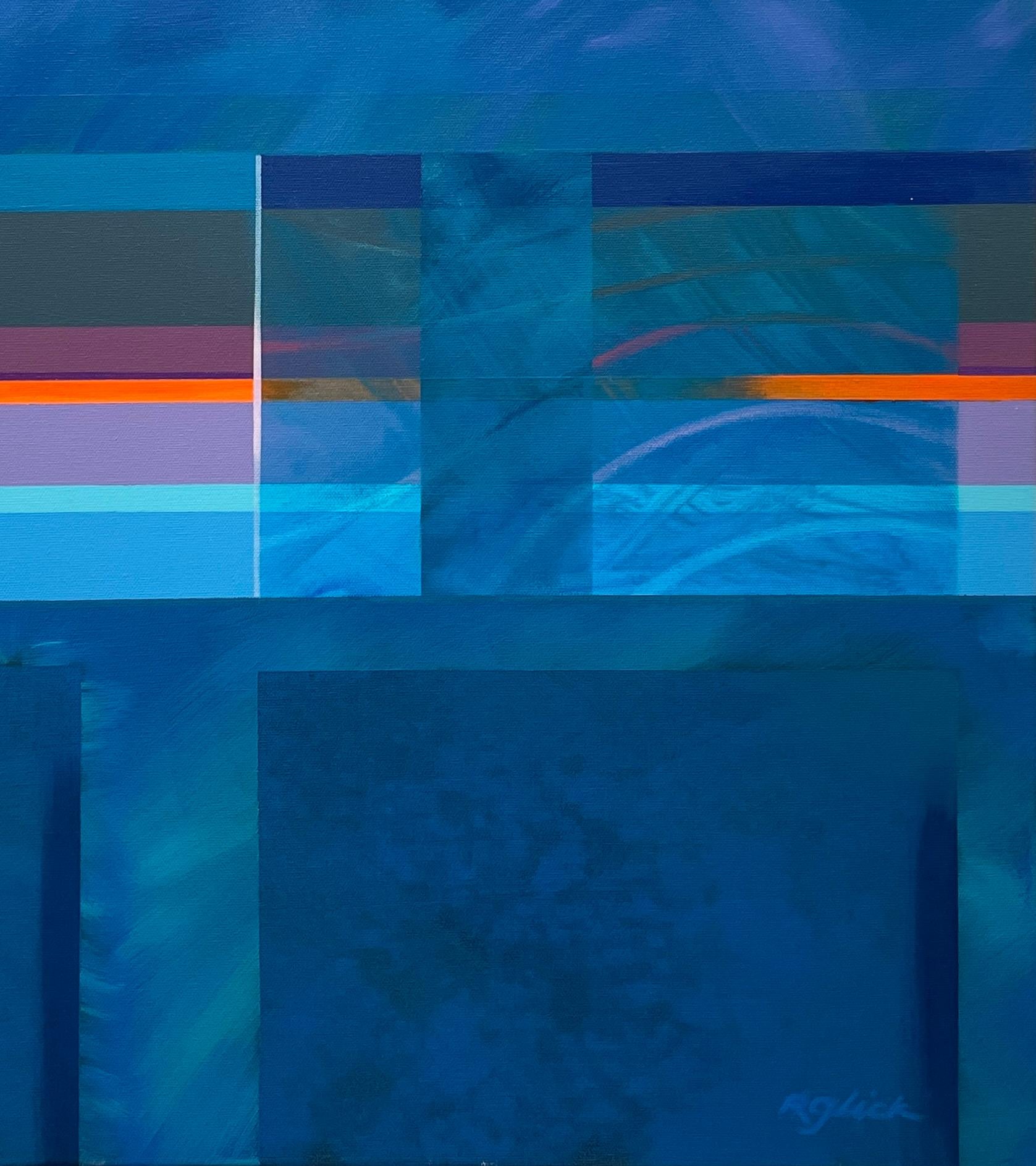 'Blue Synergy' - Vivid Blue Tone Contemporary Geometric Abstract Painting For Sale 8