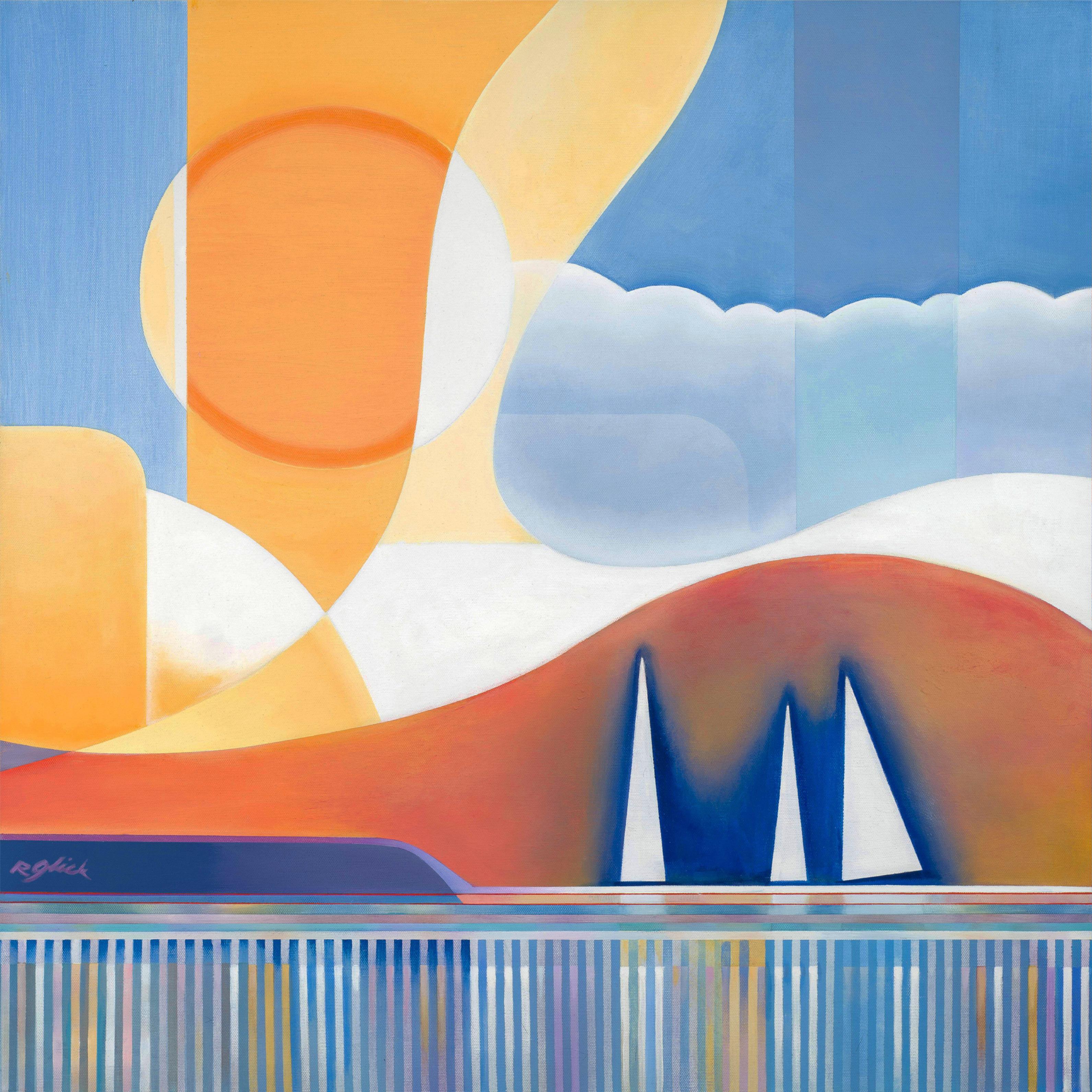 'By the Bay' - Shoreline Series - Vibrant Geometric Seascape with Boats - Contemporary Painting by Robert Glick