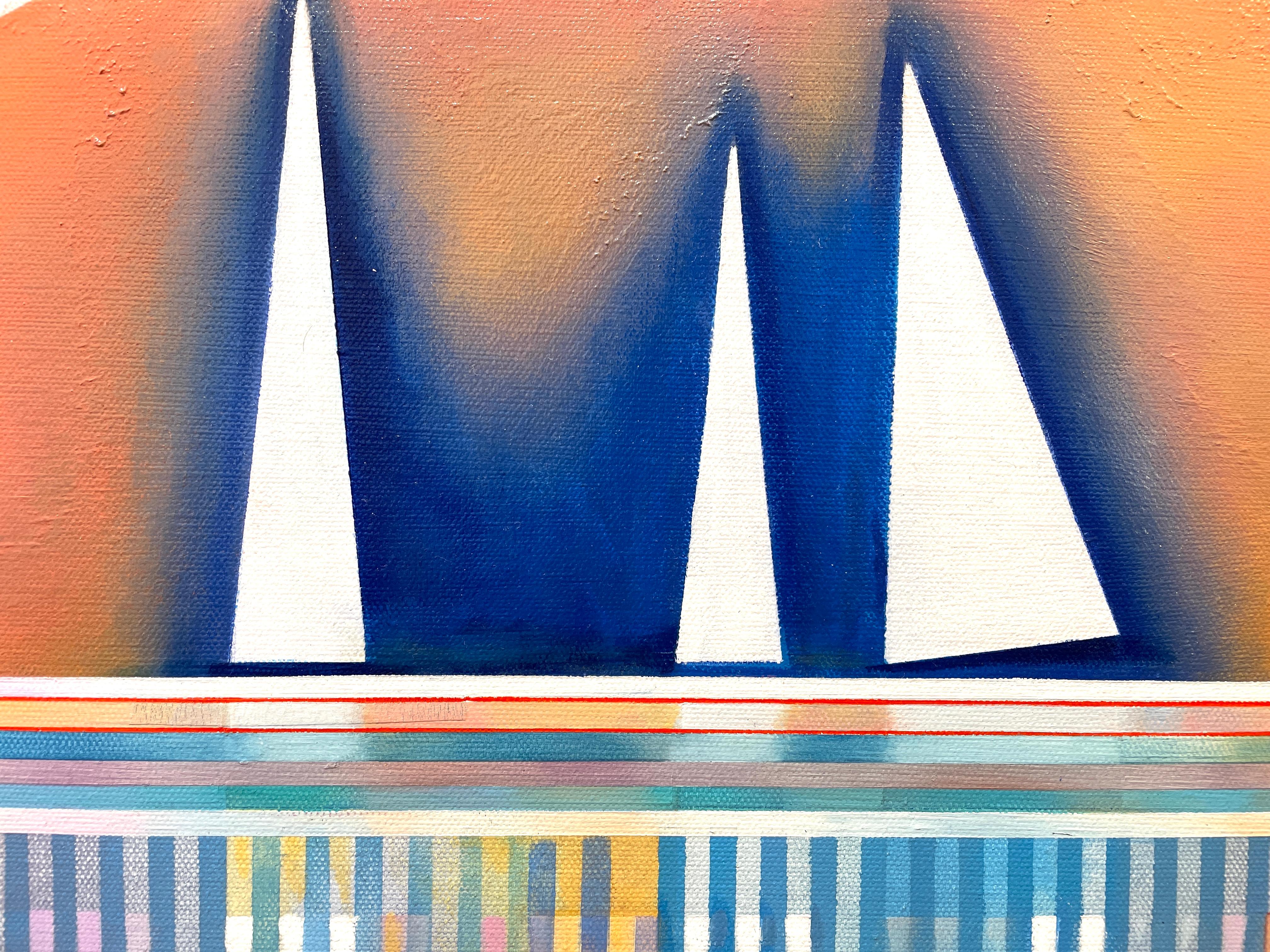 'By the Bay' - Shoreline Series - Vibrant Geometric Seascape with Boats For Sale 3