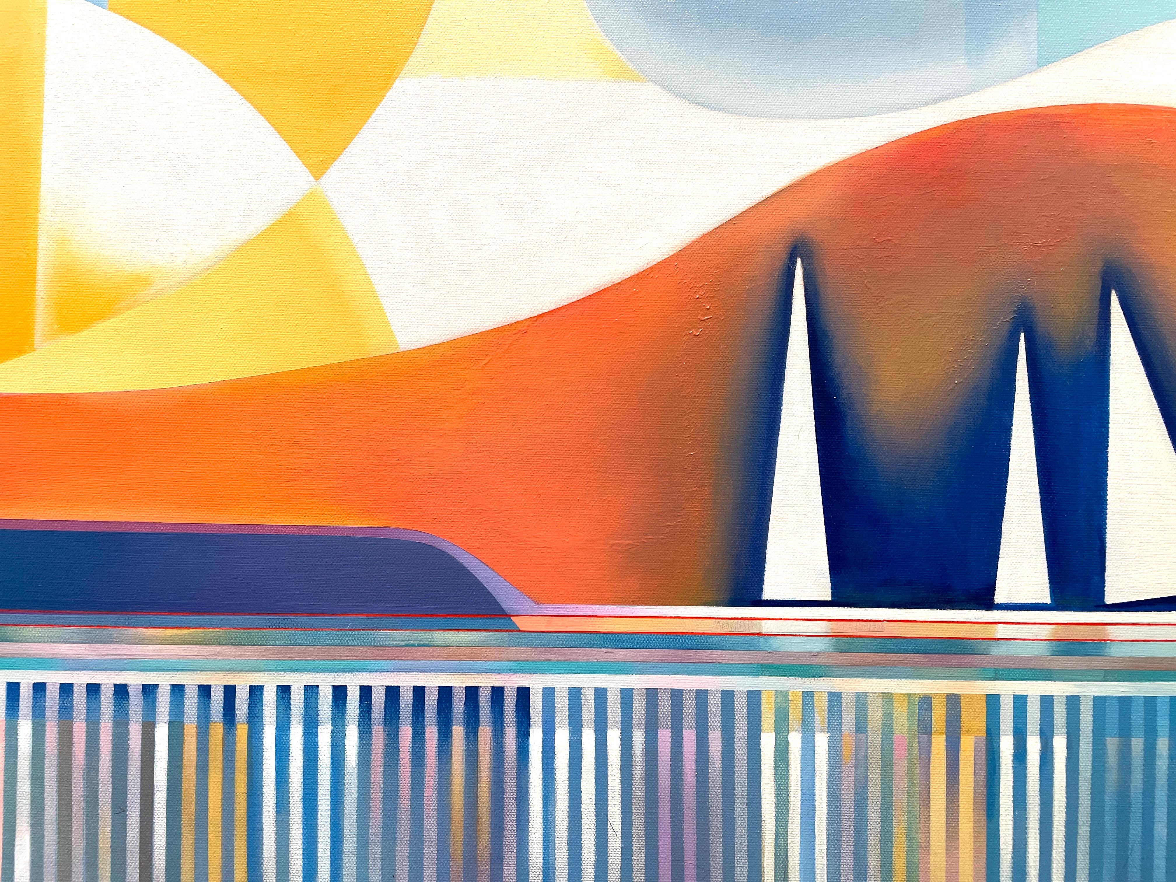 'By the Bay' - Shoreline Series - Vibrant Geometric Seascape with Boats For Sale 4