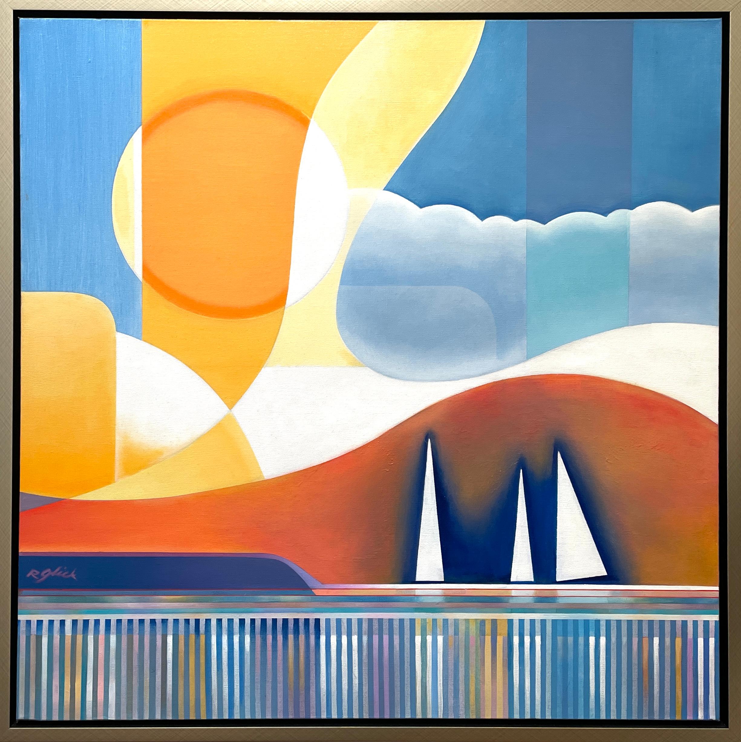 Robert Glick Landscape Painting - 'By the Bay' - Shoreline Series - Vibrant Geometric Seascape with Boats