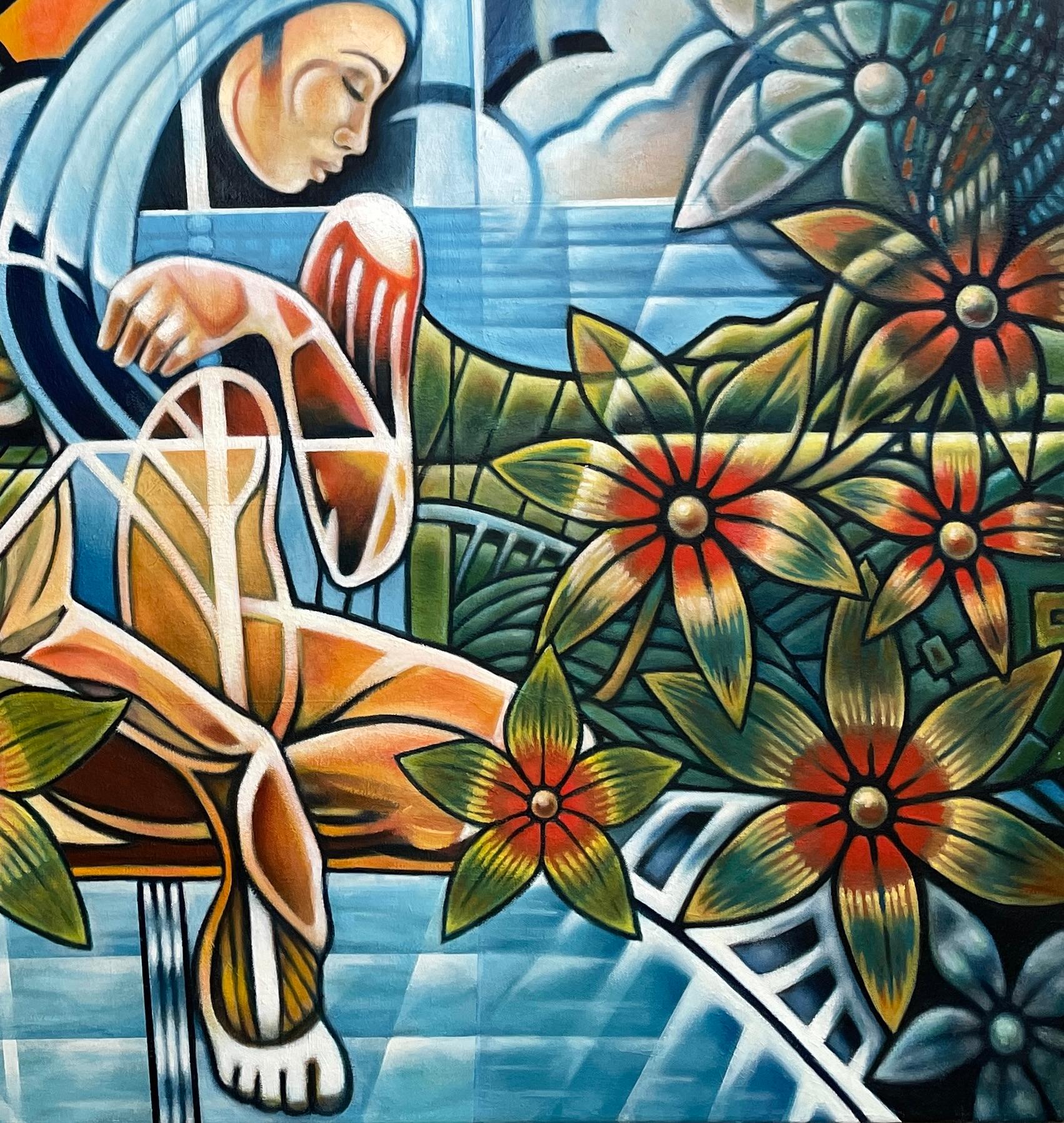 „Carmelita“ – junge Frau mit Blumen – lebhafte abstrakte geometrische Kubismus im Angebot 5