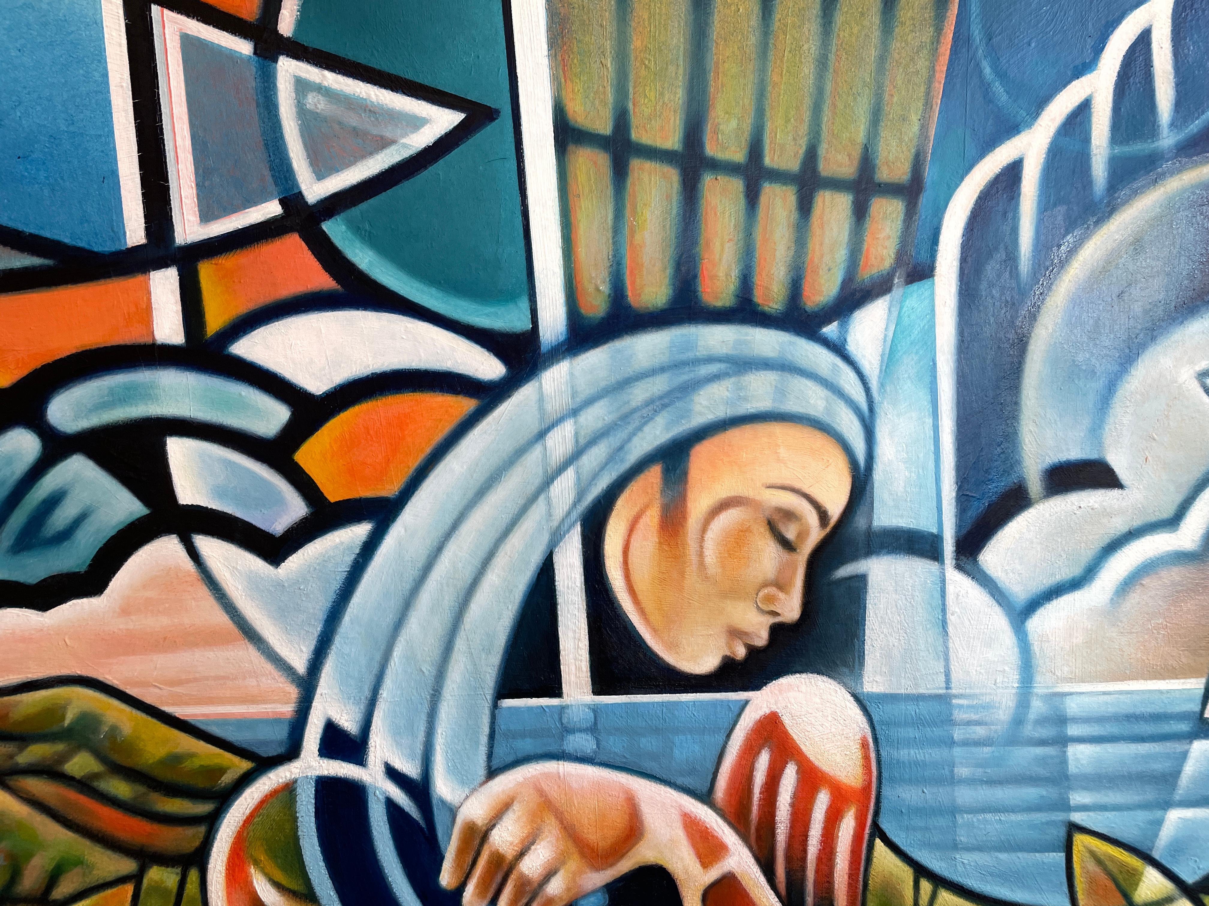'Carmelita' - Giovane donna con fiori - Cubismo geometrico astratto vibrante - Painting Astrattismo geometrico di Robert Glick