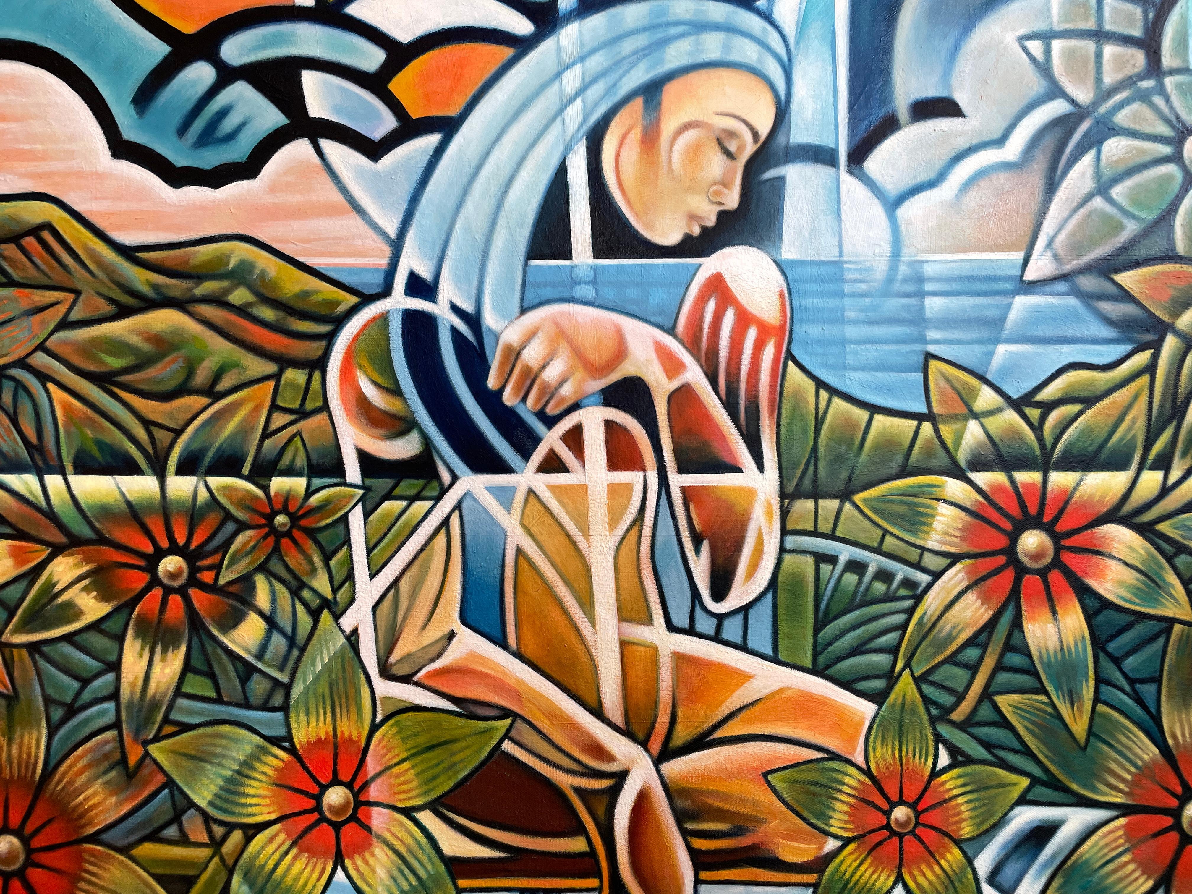 'Carmelita' - Young Woman with Flowers - Vibrant Abstract Geometric Cubism For Sale 1