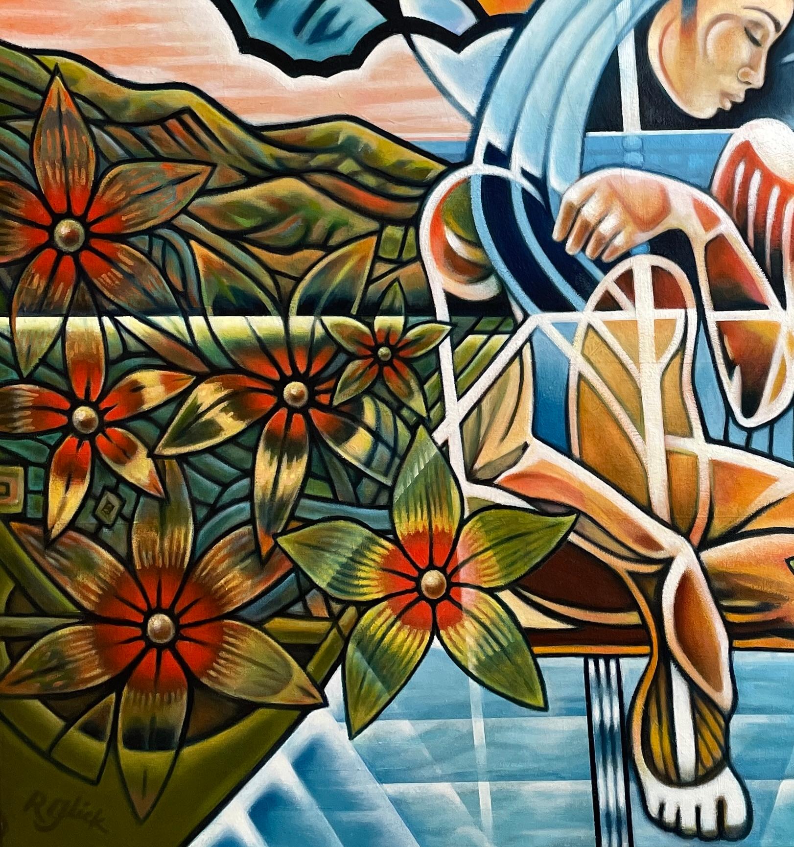 „Carmelita“ – junge Frau mit Blumen – lebhafte abstrakte geometrische Kubismus im Angebot 4