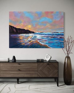 "Colori costieri" di R. Glick - Stupendo paesaggio marino geometrico di grandi dimensioni con scogliere al tramonto